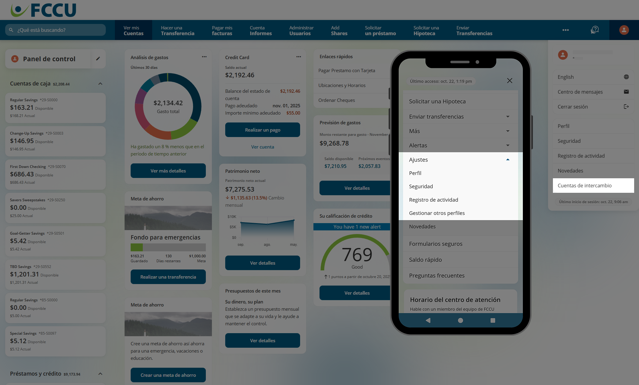 Captura de pantalla del panel de control de banca digital.