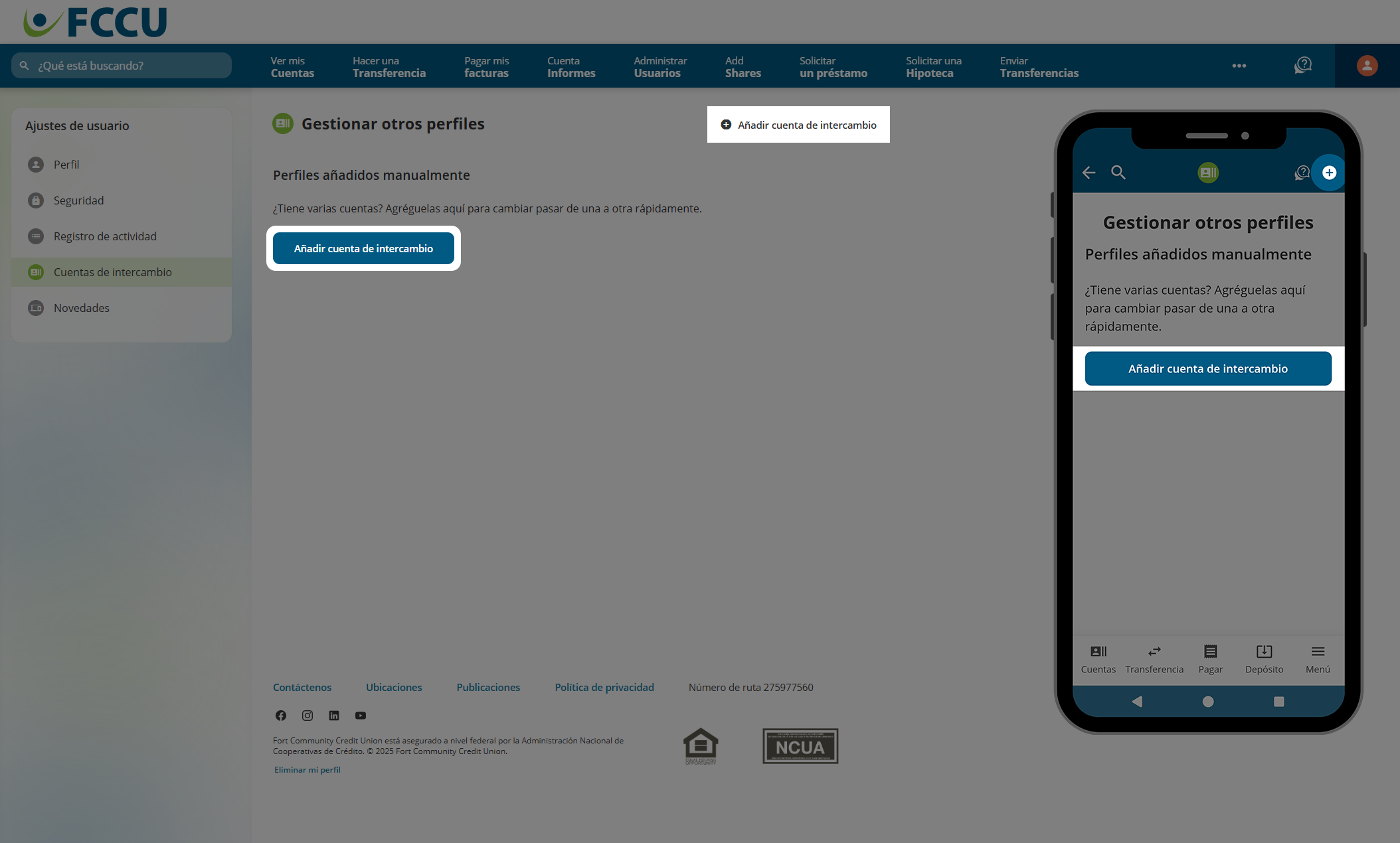 Captura de pantalla de la página 'Gestionar otros perfiles' de la cuenta bancaria digital.