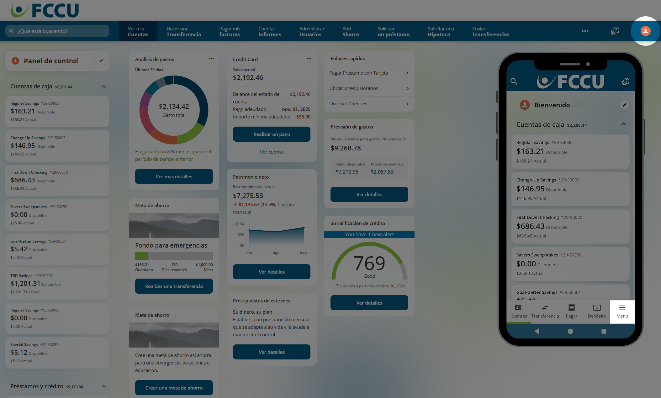 Captura de pantalla del panel de control de banca digital.
