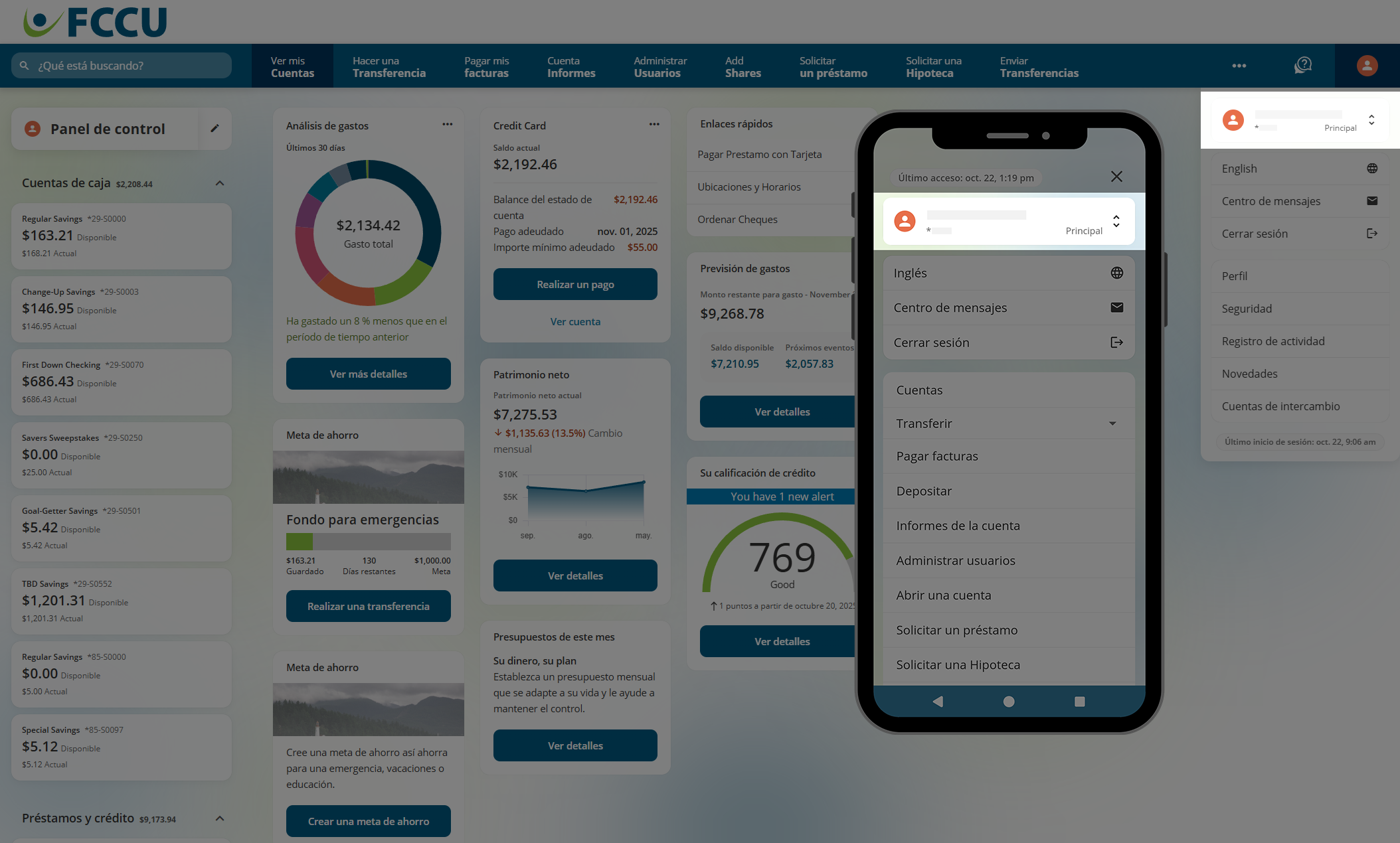 Captura de pantalla del panel de control de banca digital.