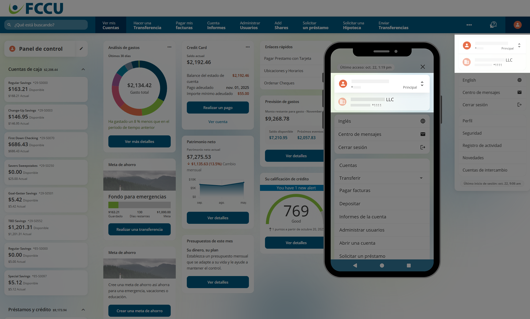 Captura de pantalla del panel de control de banca digital.
