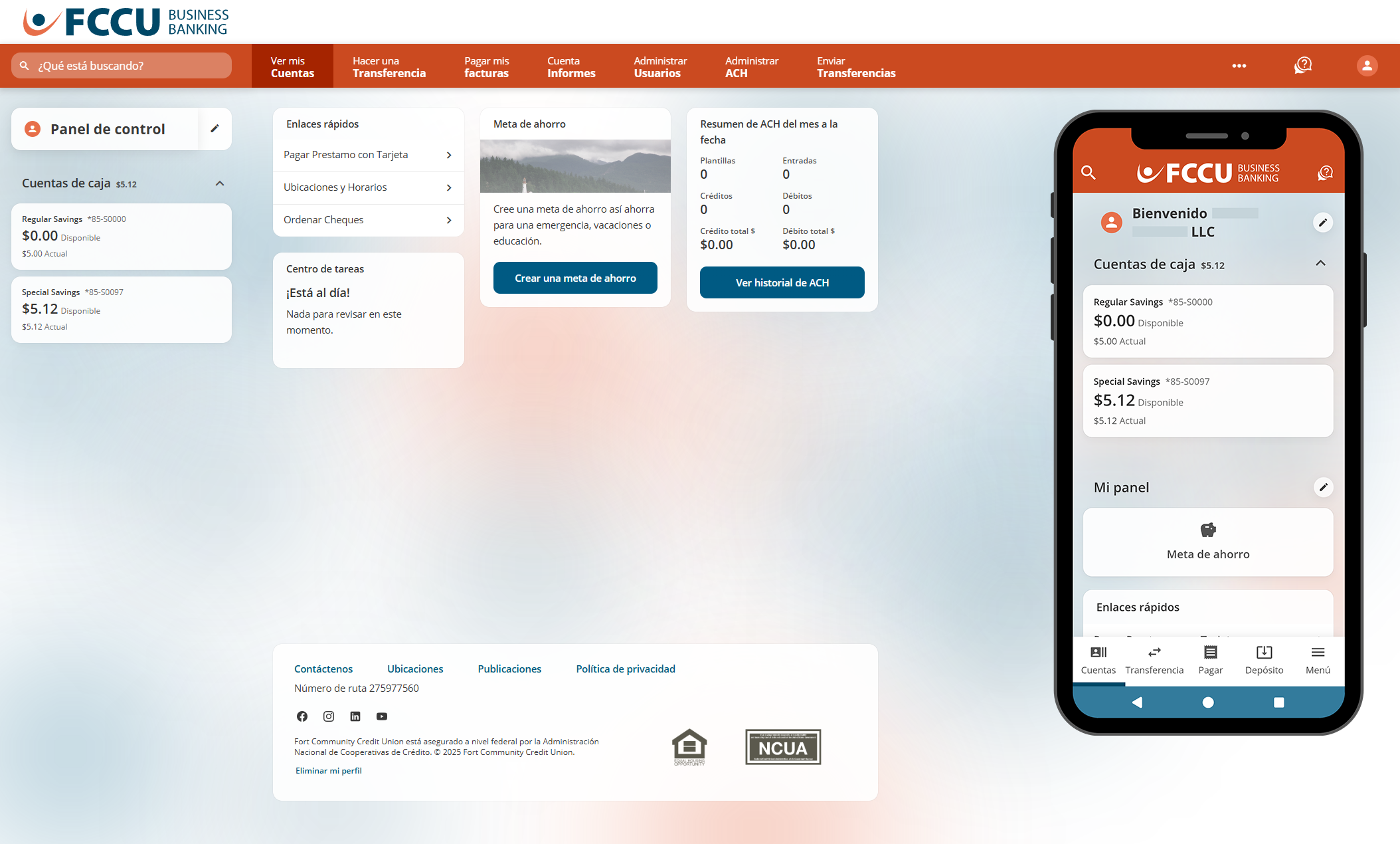 Captura de pantalla del panel de control de banca digital.