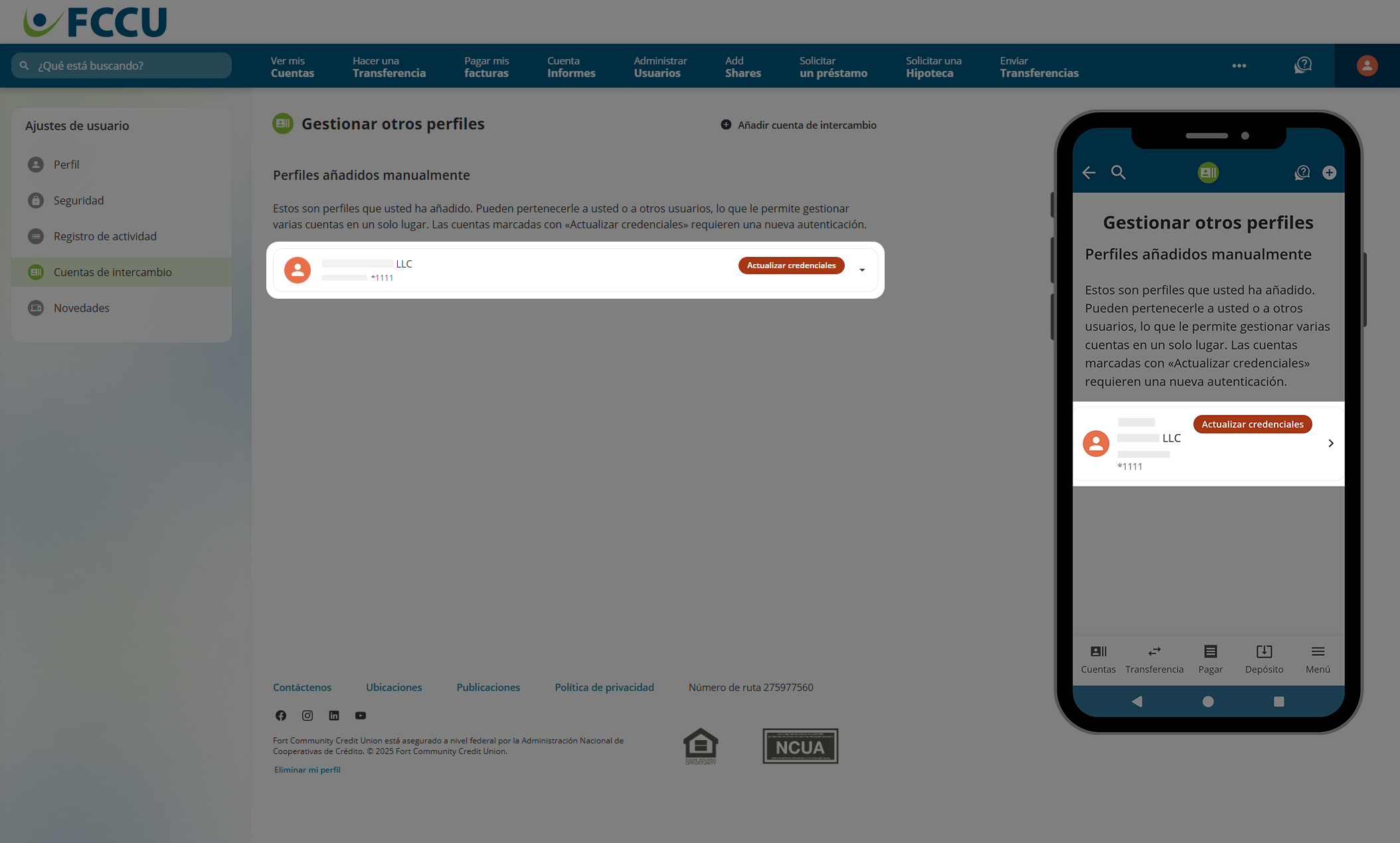 Captura de pantalla de la página 'Gestionar otros perfiles' de la cuenta bancaria digital.