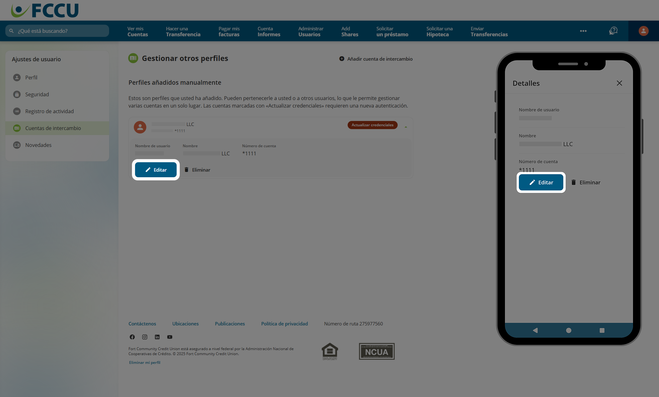 Captura de pantalla de la página 'Gestionar otros perfiles' de la cuenta bancaria digital.