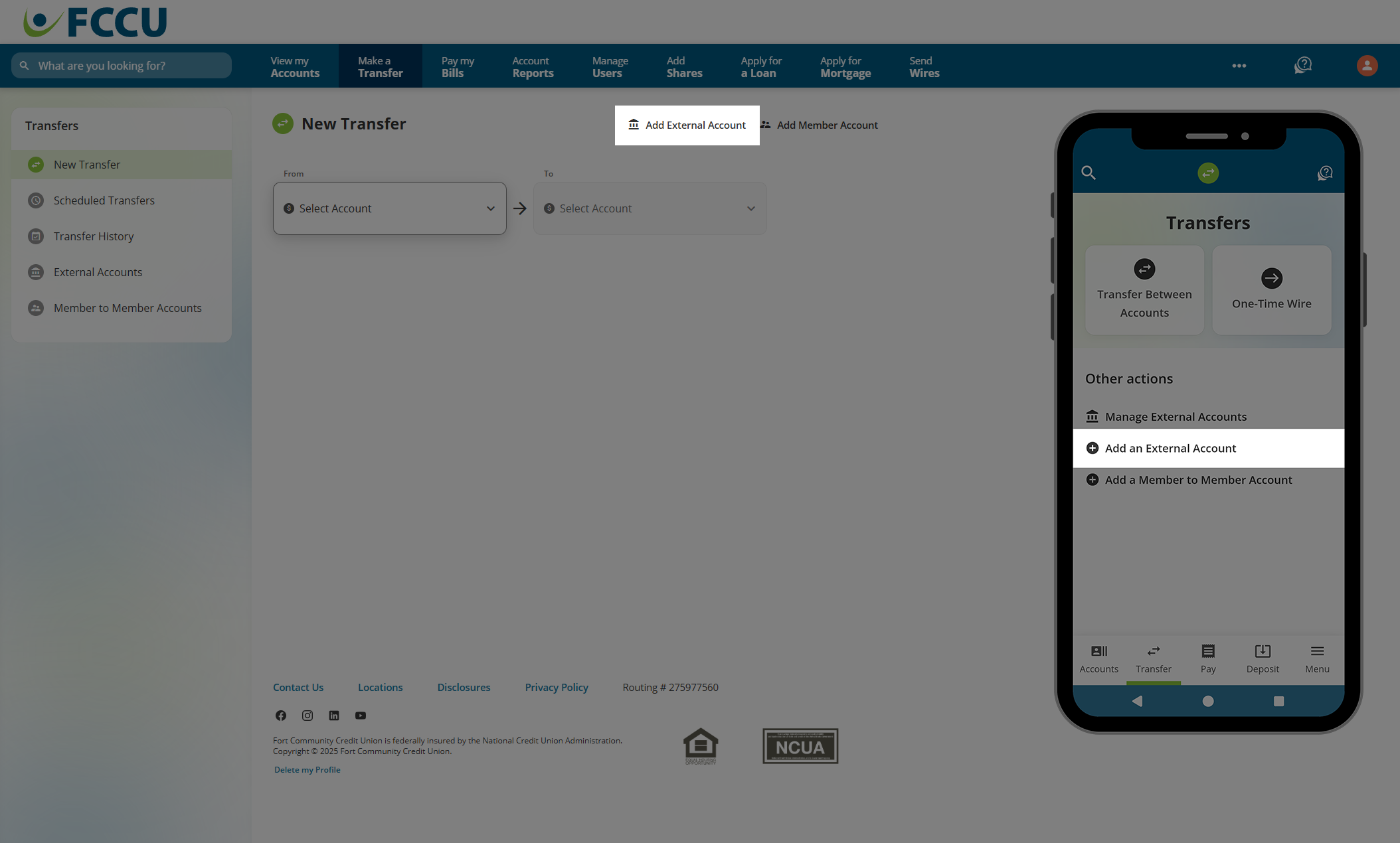 Screenshot of digital banking 'New Transfer' page.