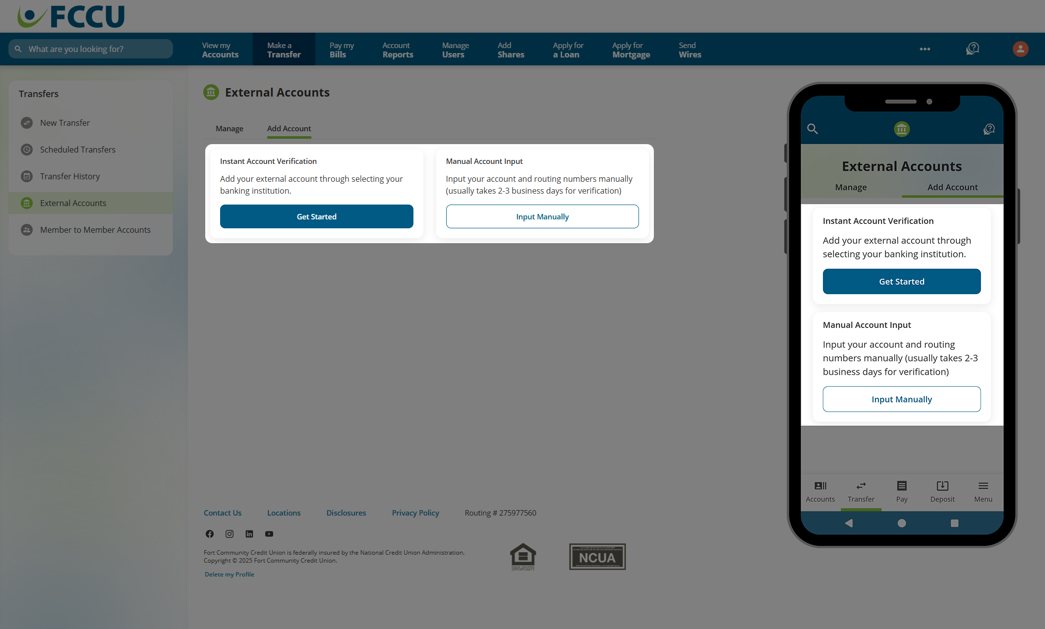 Screenshot of digital banking 'External Accounts' page.