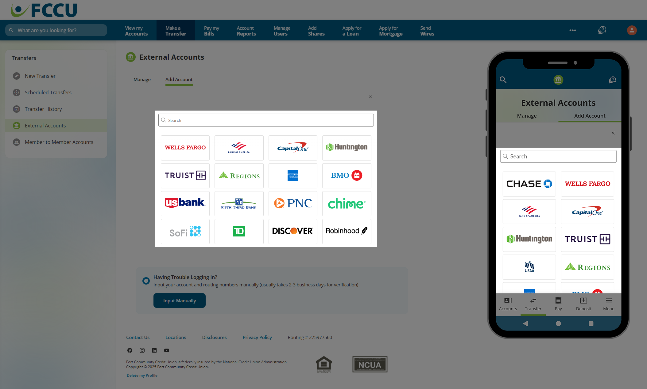 Screenshot of digital banking 'External Accounts' page.