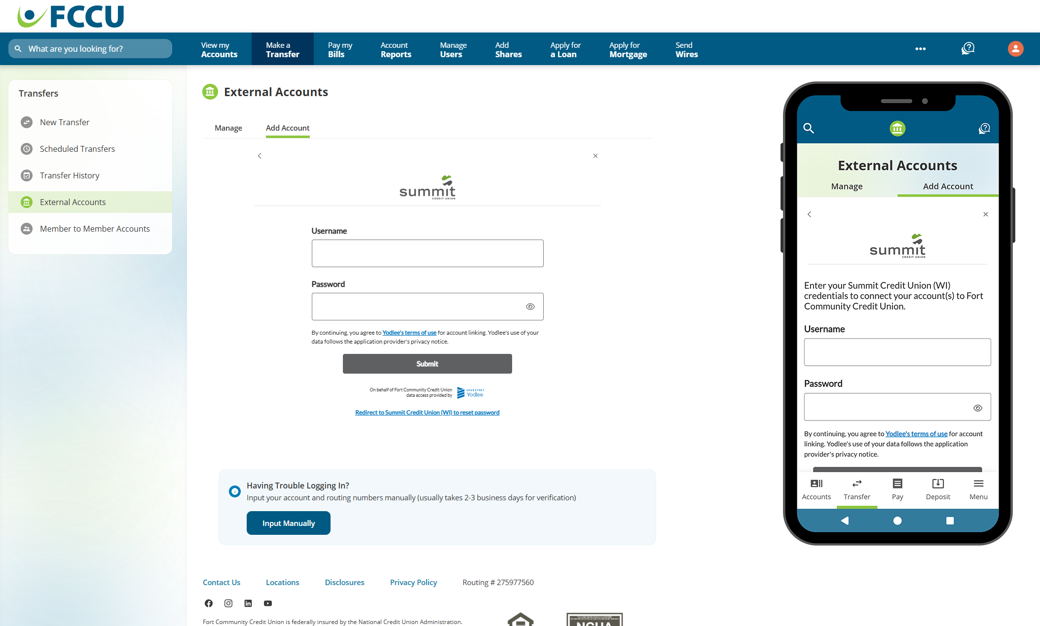 Screenshot of digital banking 'External Accounts' page.