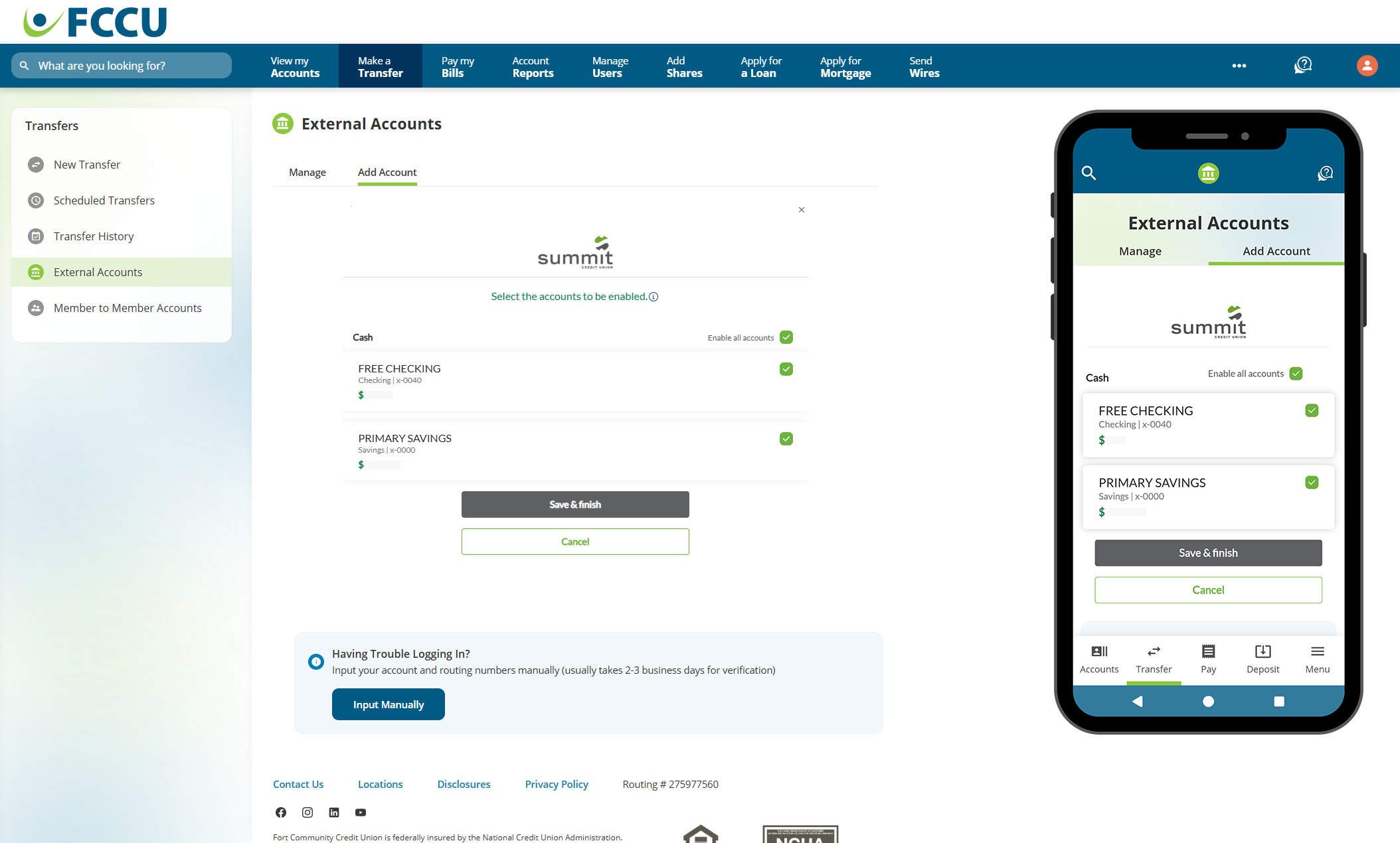 Screenshot of digital banking 'External Accounts' page.