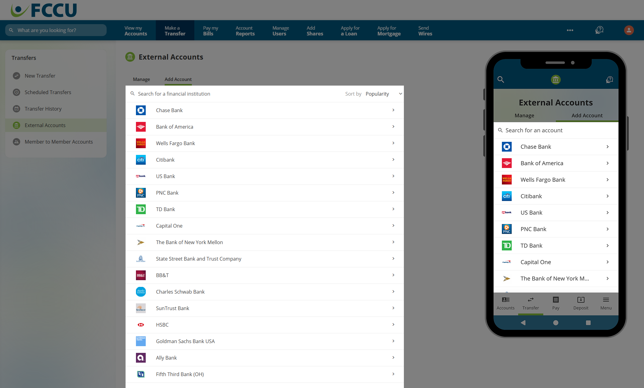Screenshot of digital banking 'External Accounts' page.