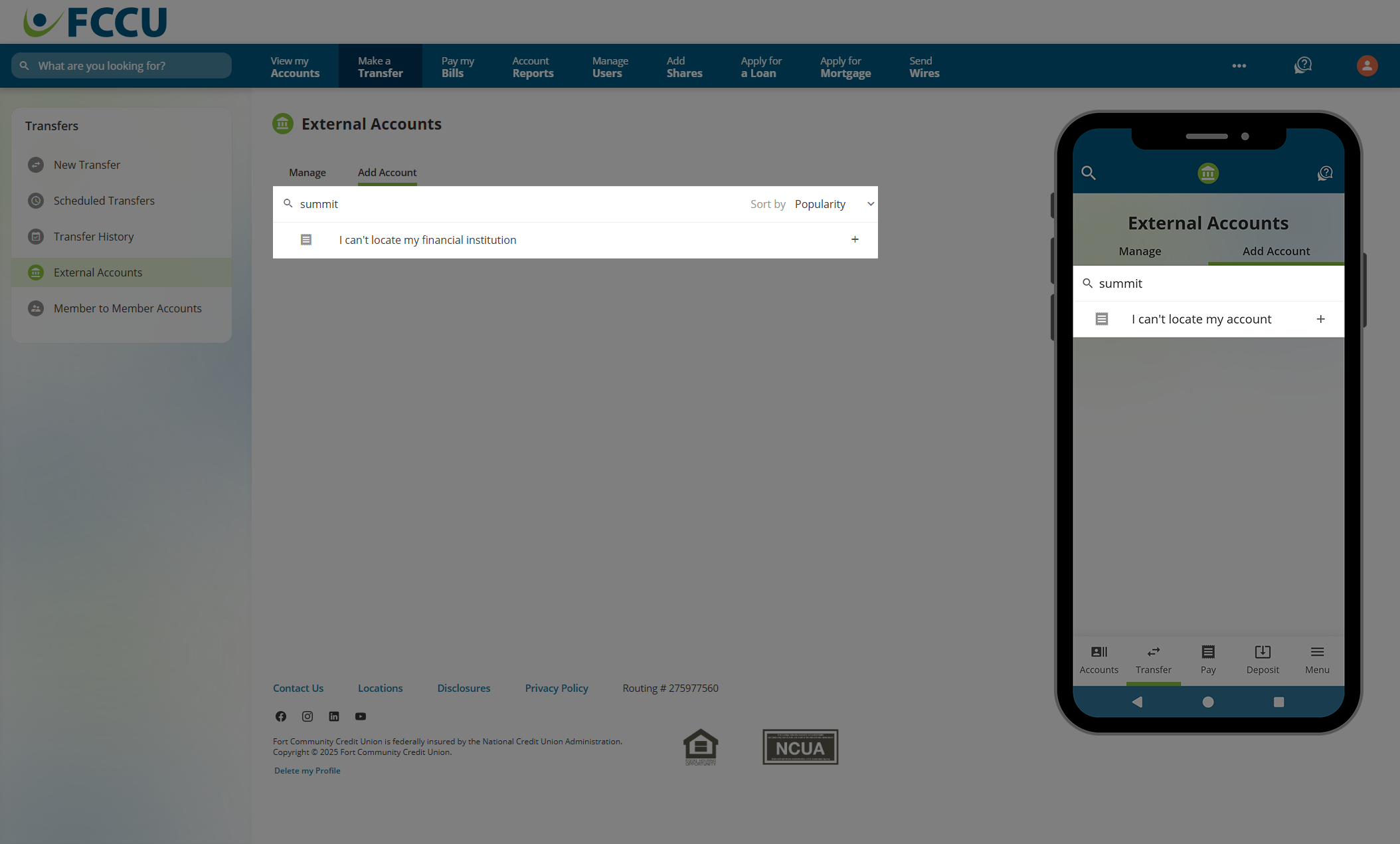 Screenshot of digital banking 'External Accounts' page.