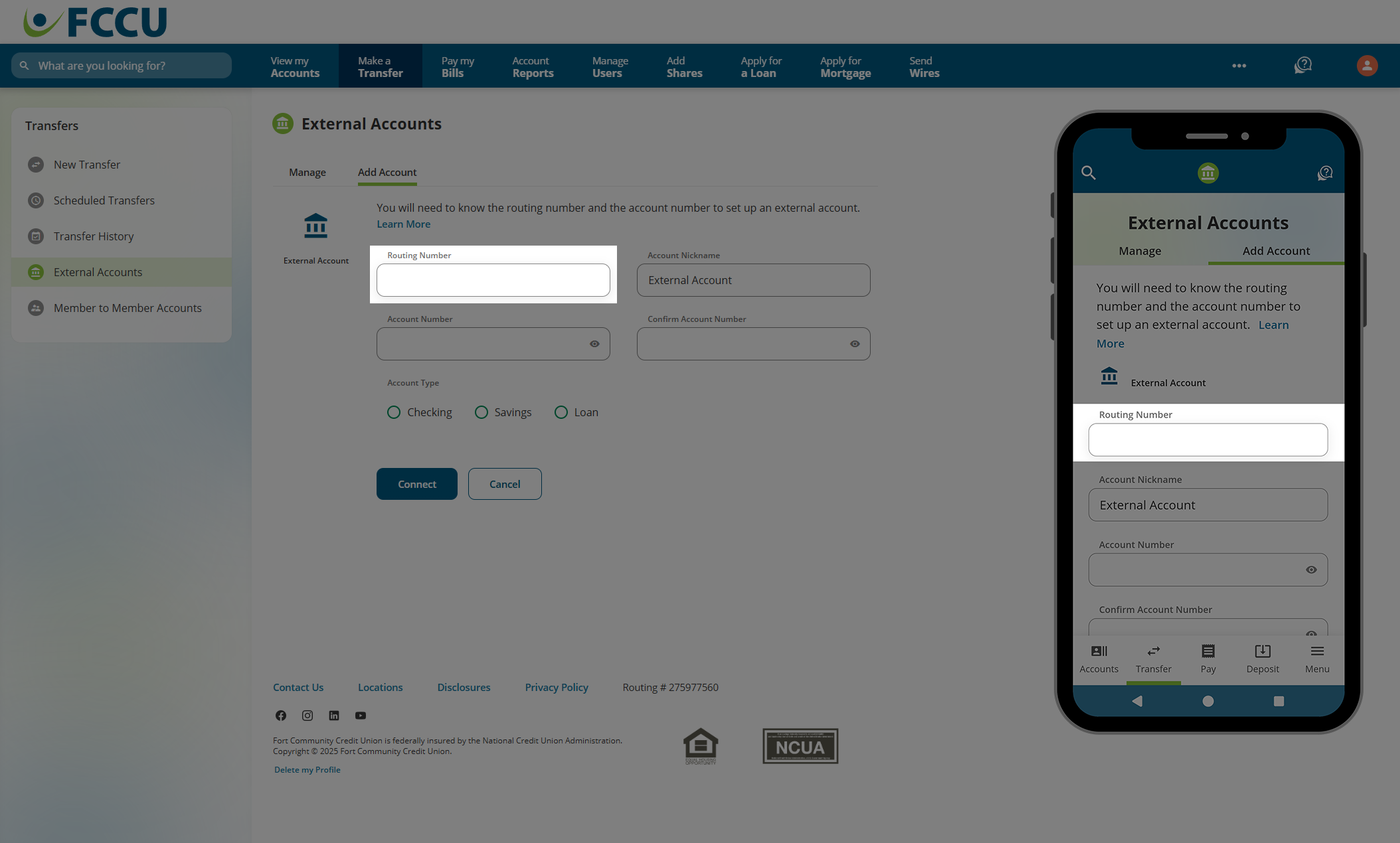 Screenshot of digital banking 'External Accounts' page.