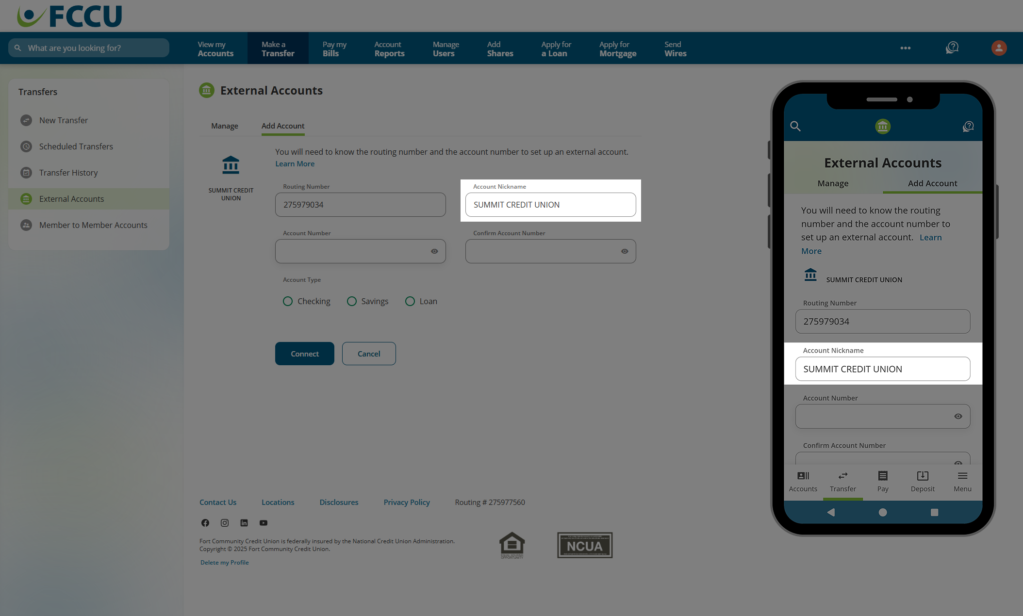 Screenshot of digital banking 'External Accounts' page.