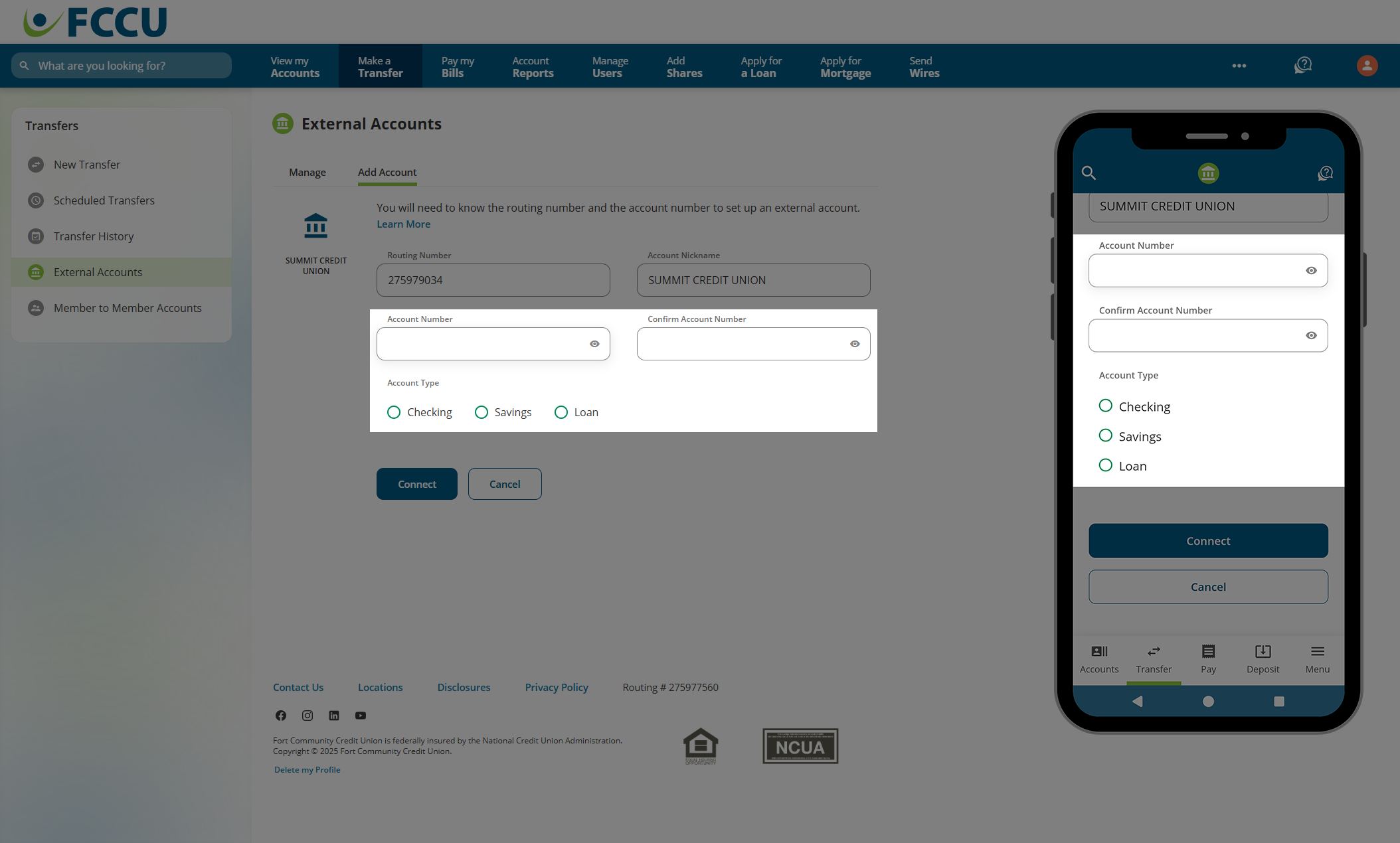 Screenshot of digital banking 'External Accounts' page.