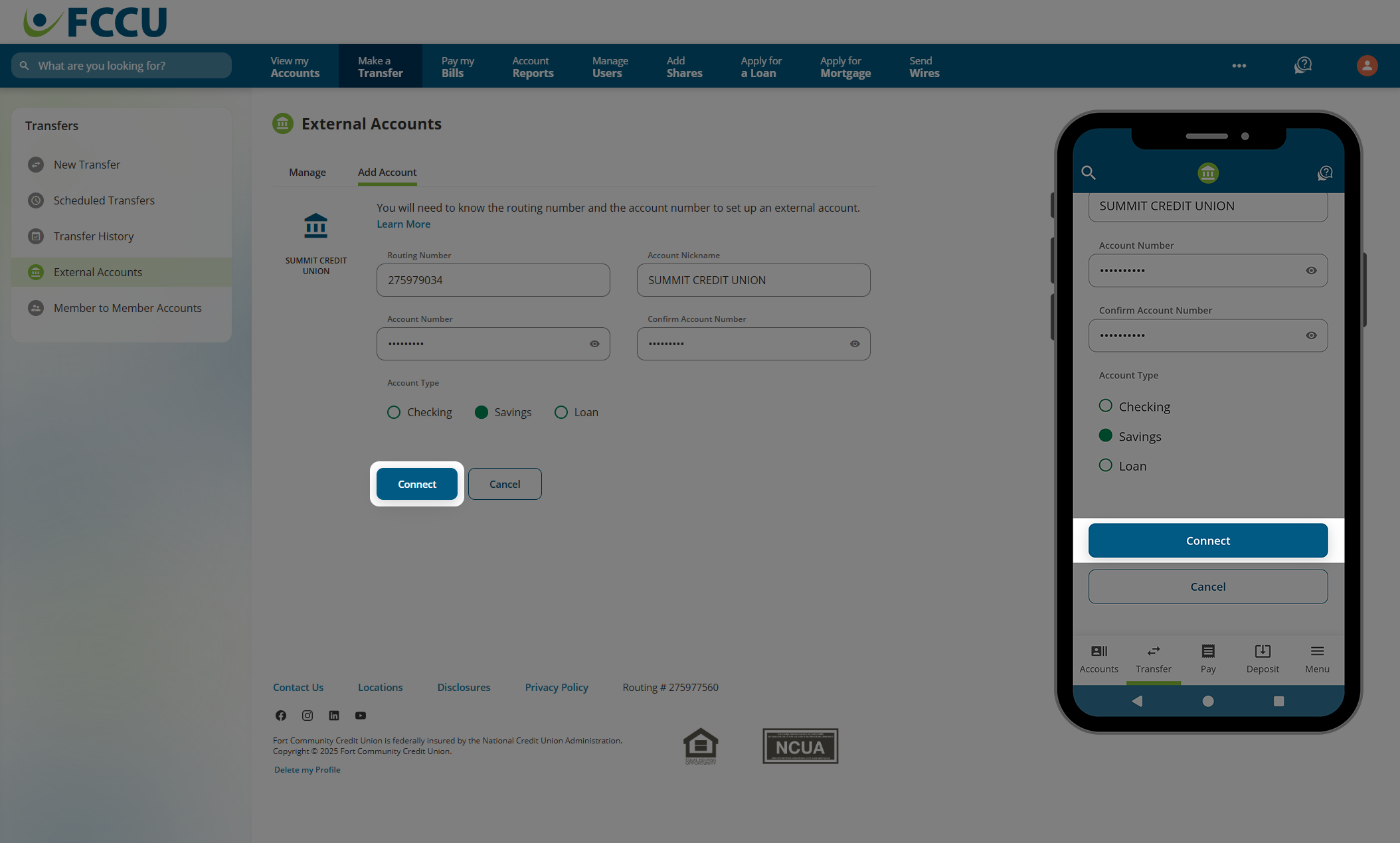 Screenshot of digital banking 'External Accounts' page.