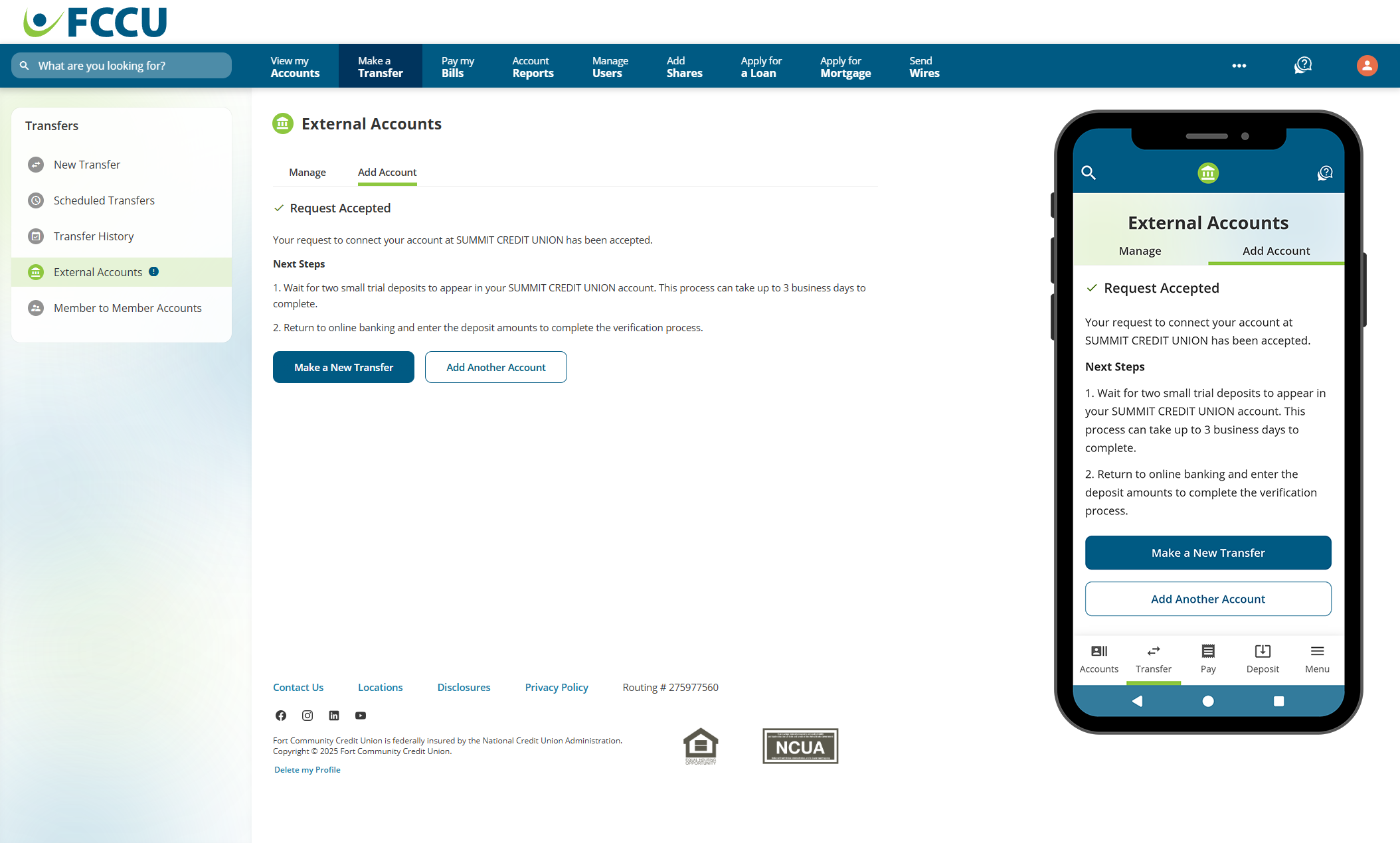 Screenshot of digital banking 'External Accounts' page.