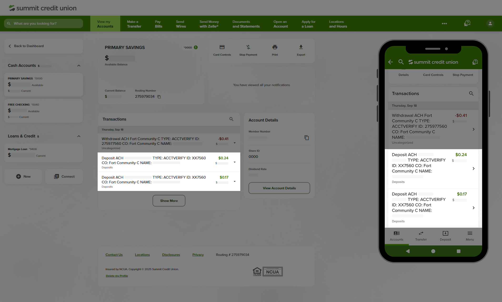 Screenshot of savings account transactions within digital banking.