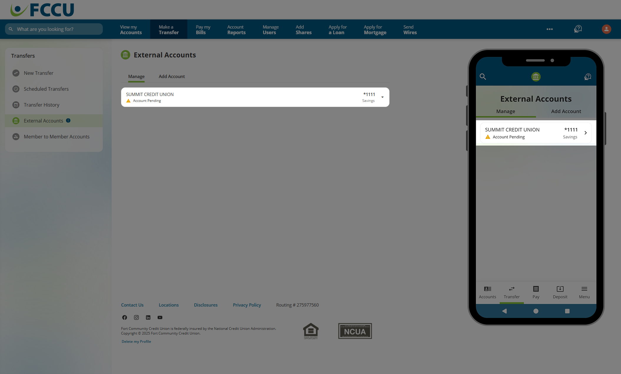 Screenshot of digital banking 'External Accounts' page.