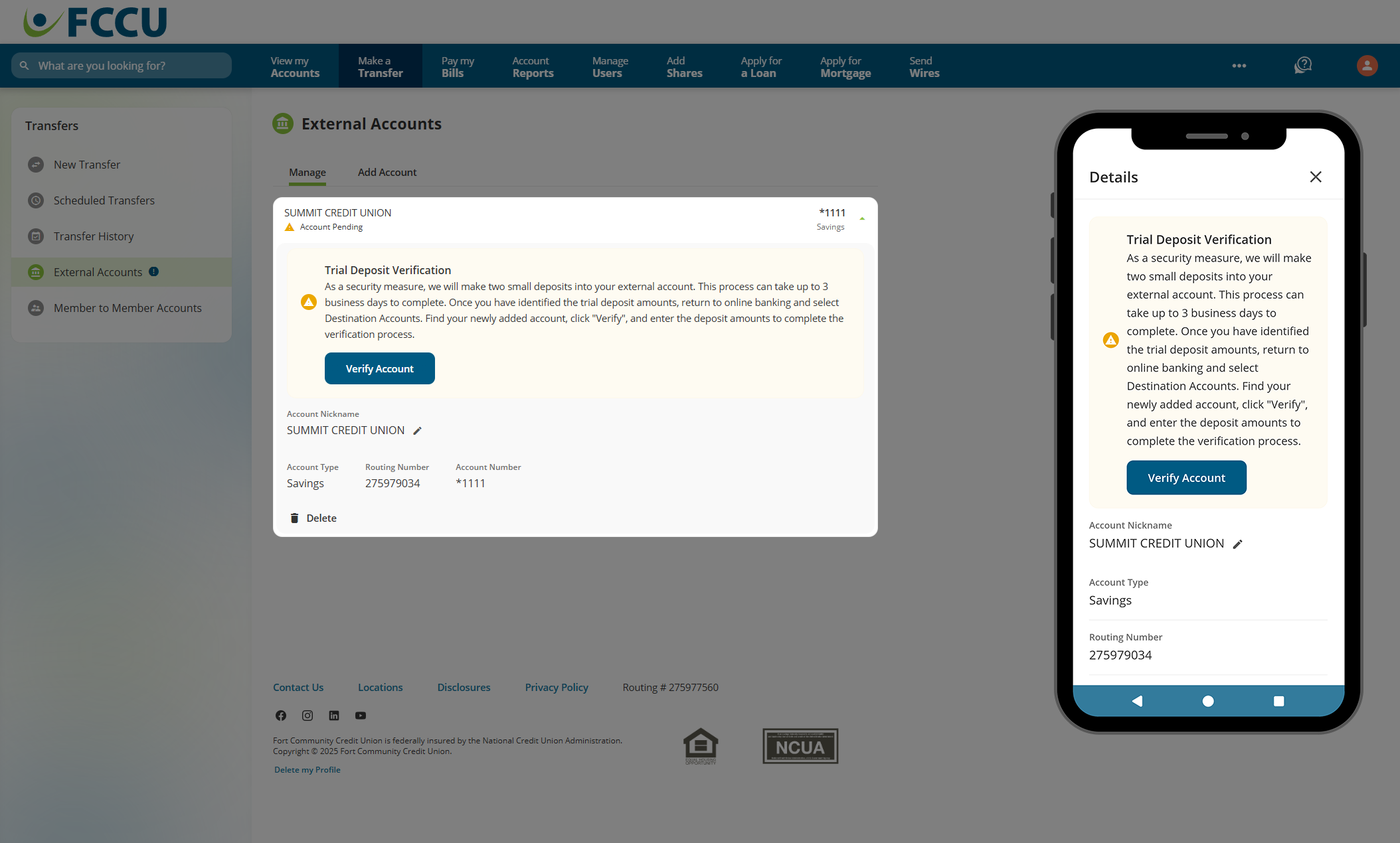 Screenshot of digital banking 'External Accounts' page.