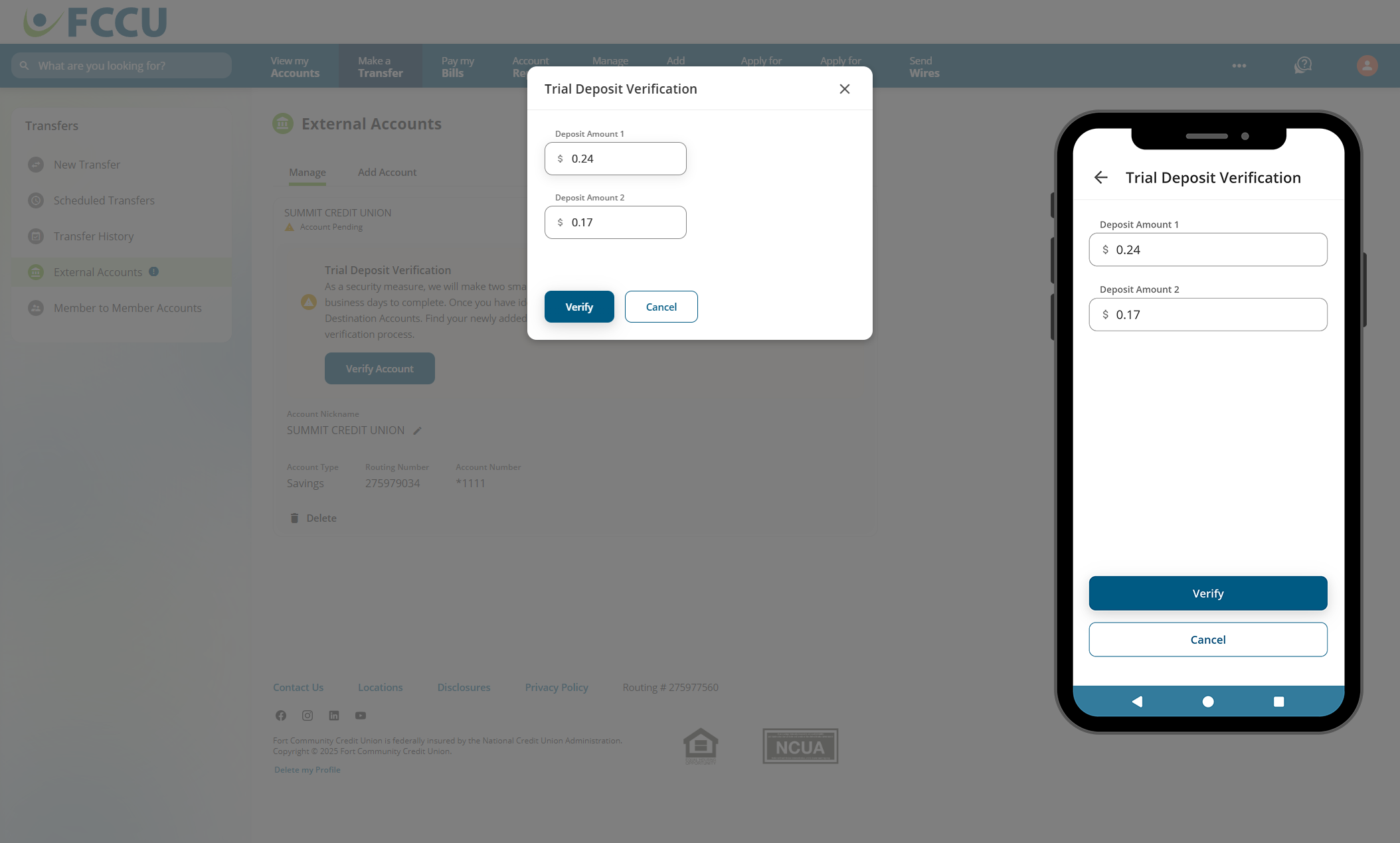 Screenshot of digital banking 'External Accounts' page.