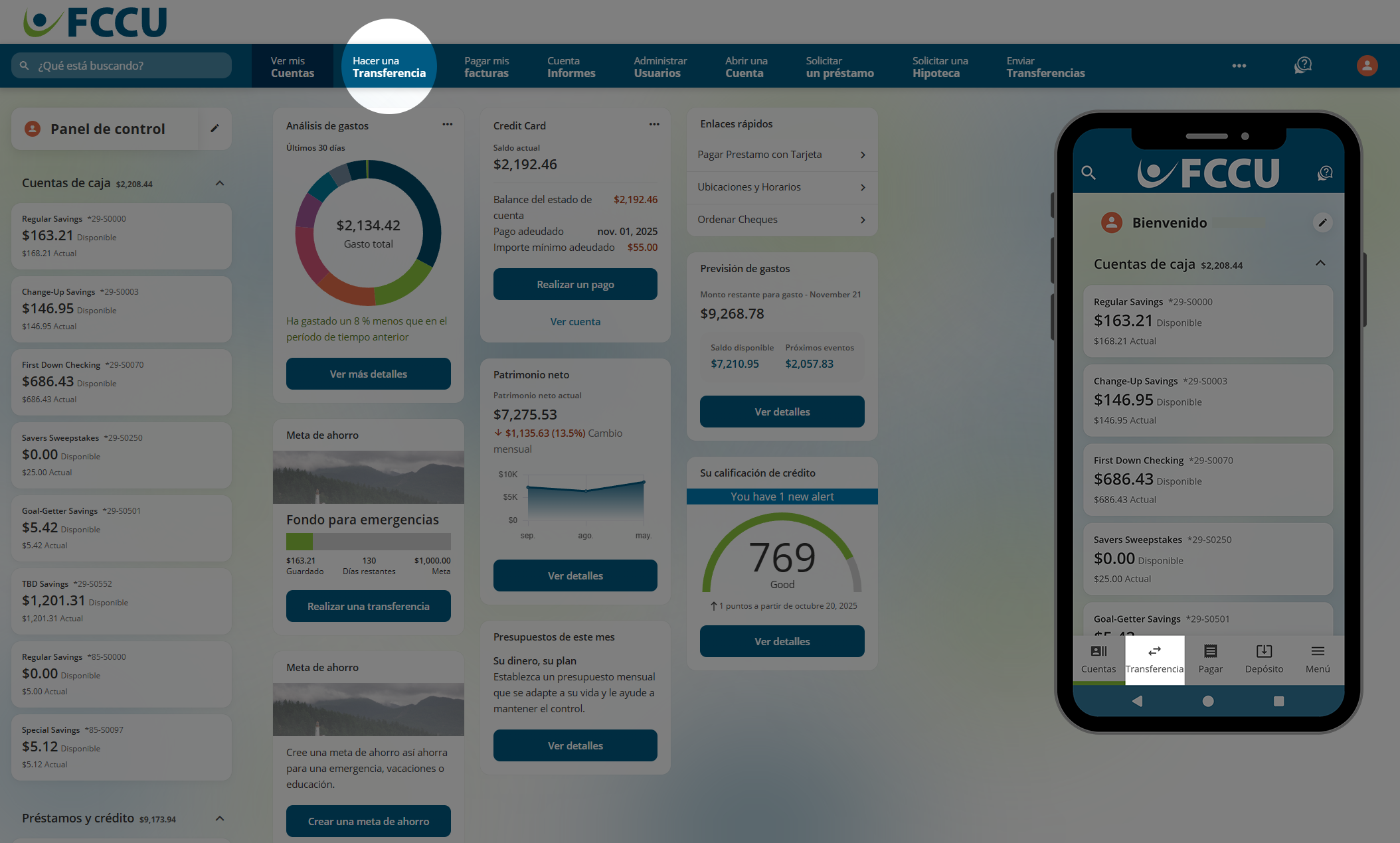 Captura de pantalla del panel de control de la cuenta bancaria digital.