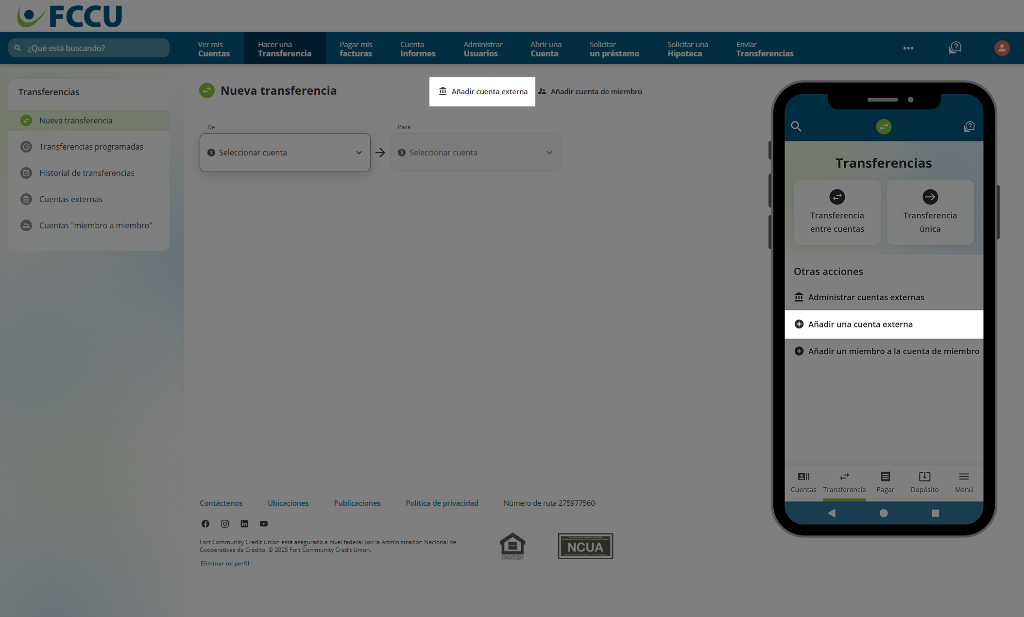 Captura de pantalla de la página 'Nueva transferencia' de banca digital.