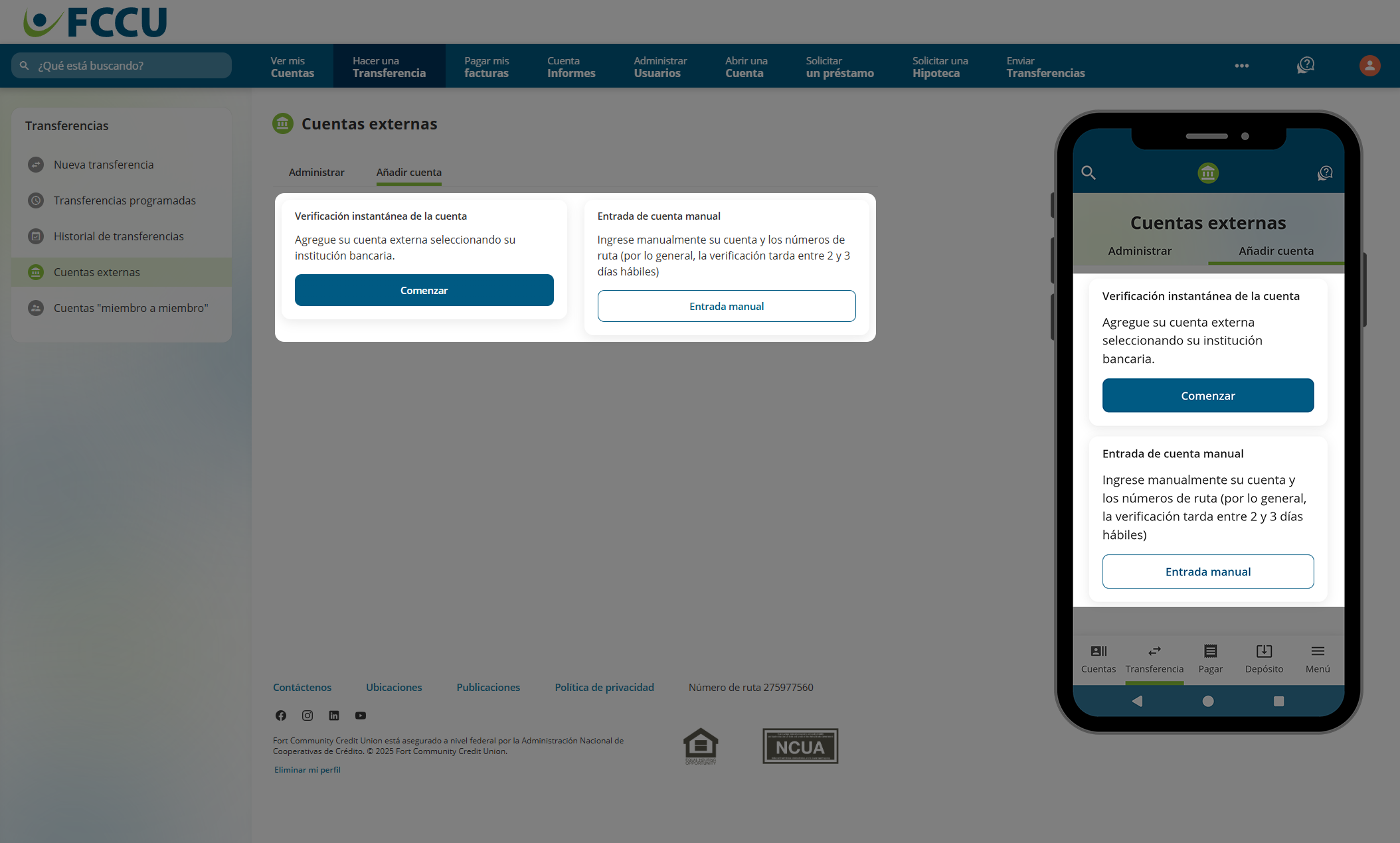 Captura de pantalla de la página 'Cuentas externas' de la banca digital.