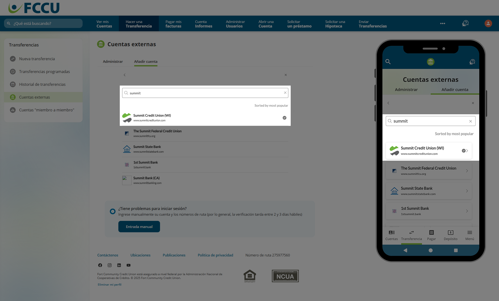 Captura de pantalla de la página 'Cuentas externas' de la banca digital.