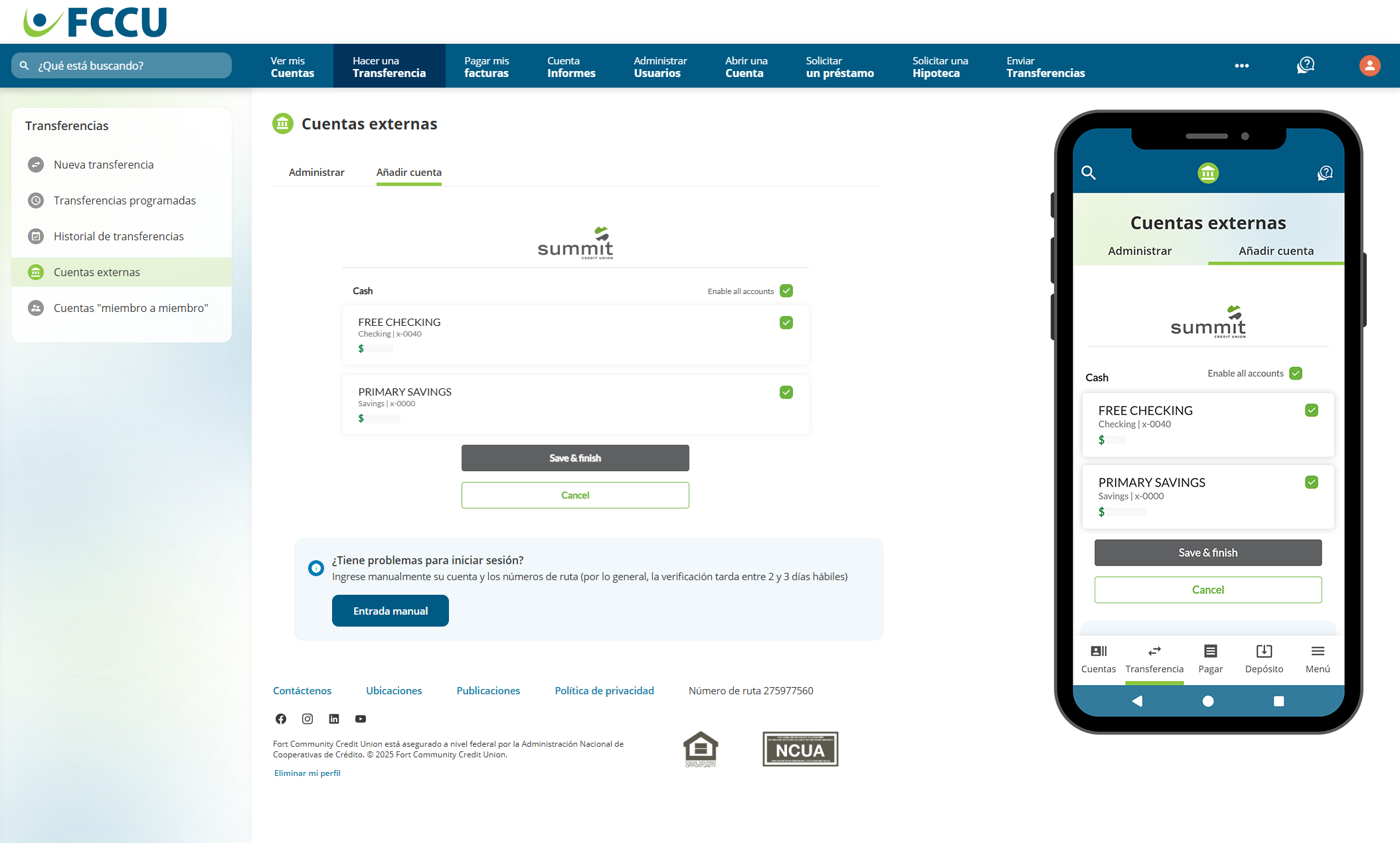 Captura de pantalla de la página 'Cuentas externas' de la banca digital.