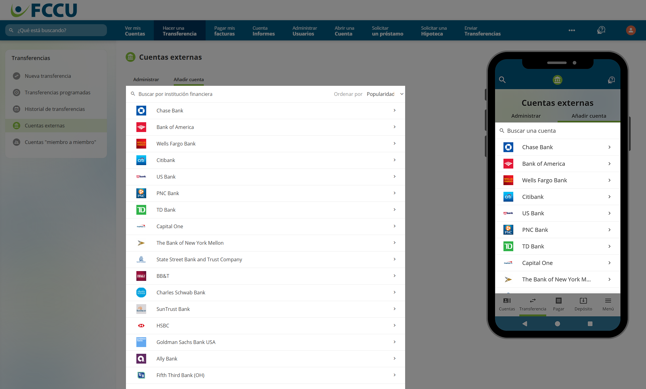Captura de pantalla de la página 'Cuentas externas' de la banca digital.