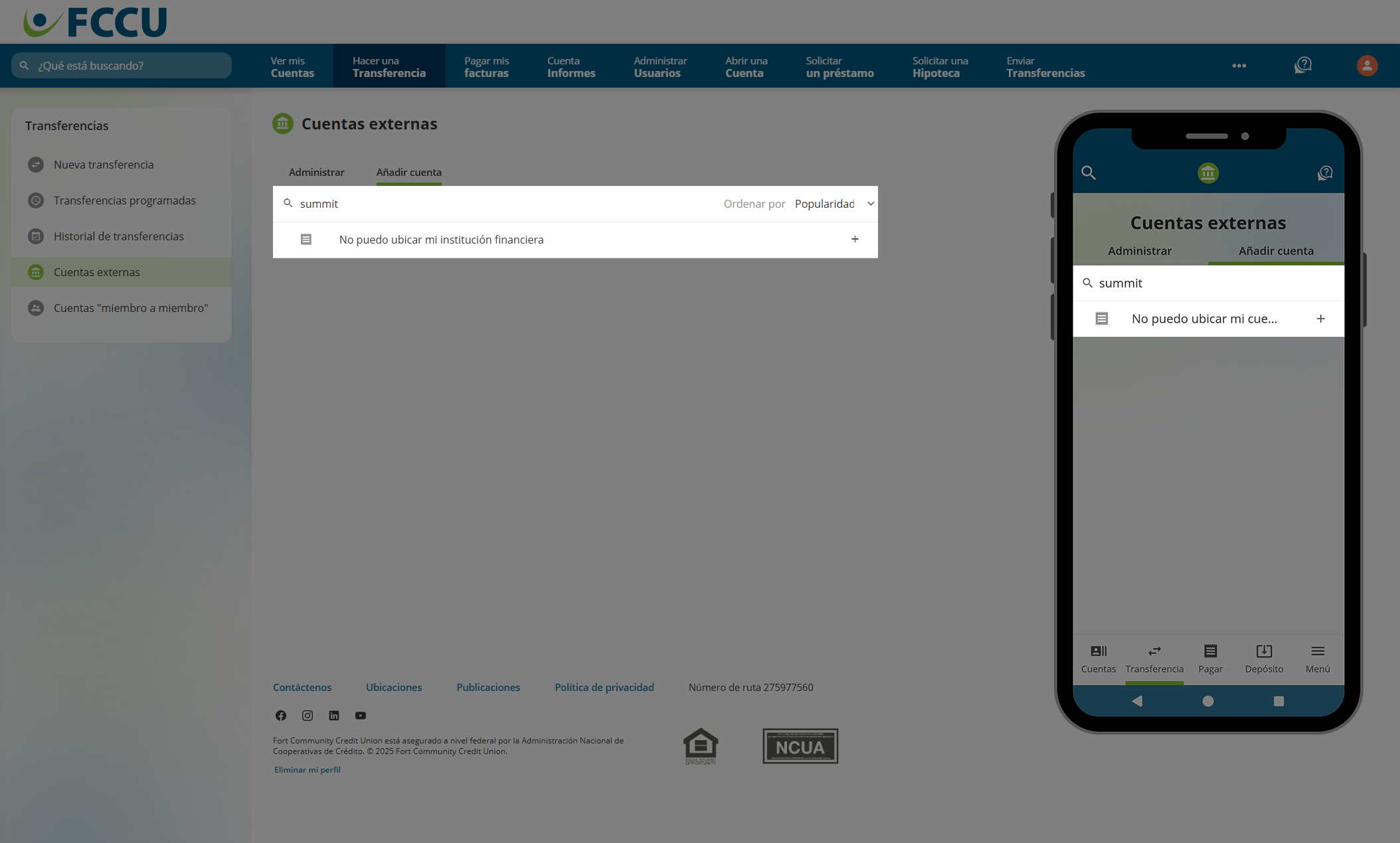 Captura de pantalla de la página 'Cuentas externas' de la banca digital.
