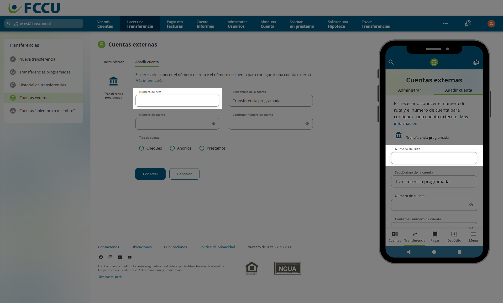 Captura de pantalla de la página 'Cuentas externas' de la banca digital.