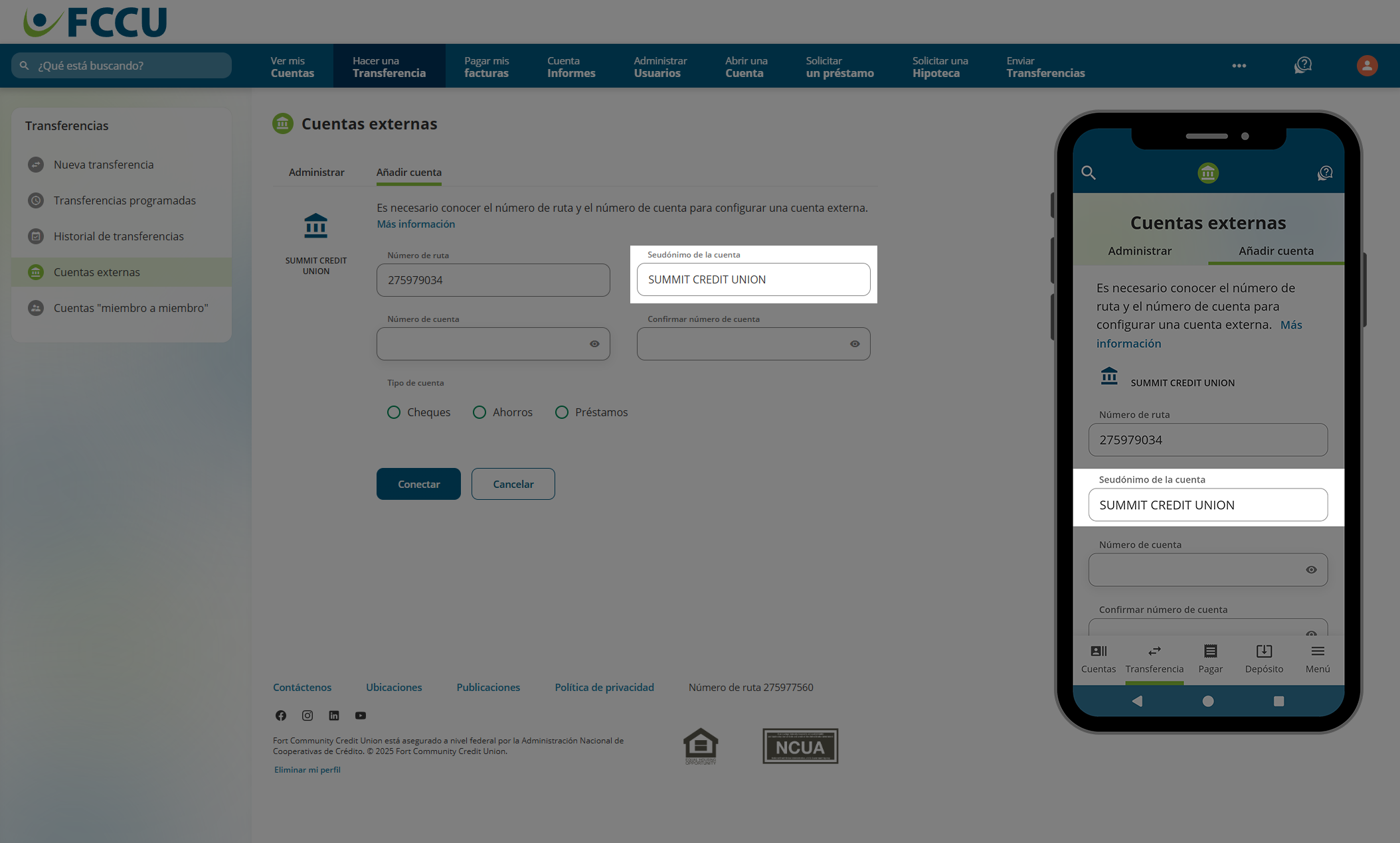 Captura de pantalla de la página 'Cuentas externas' de la banca digital.
