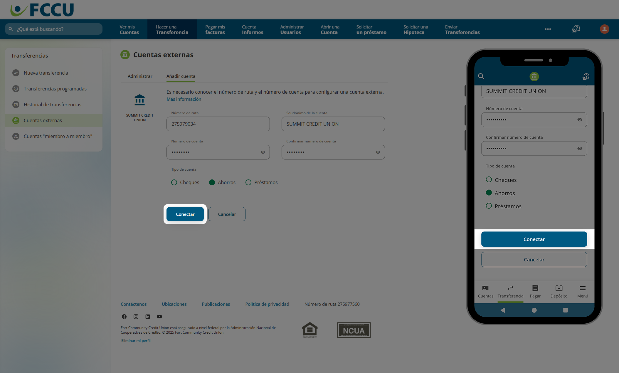 Captura de pantalla de la página 'Cuentas externas' de la banca digital.