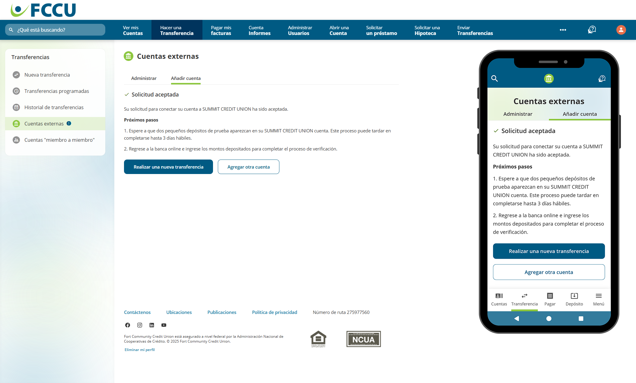 Captura de pantalla de la página 'Cuentas externas' de la banca digital.