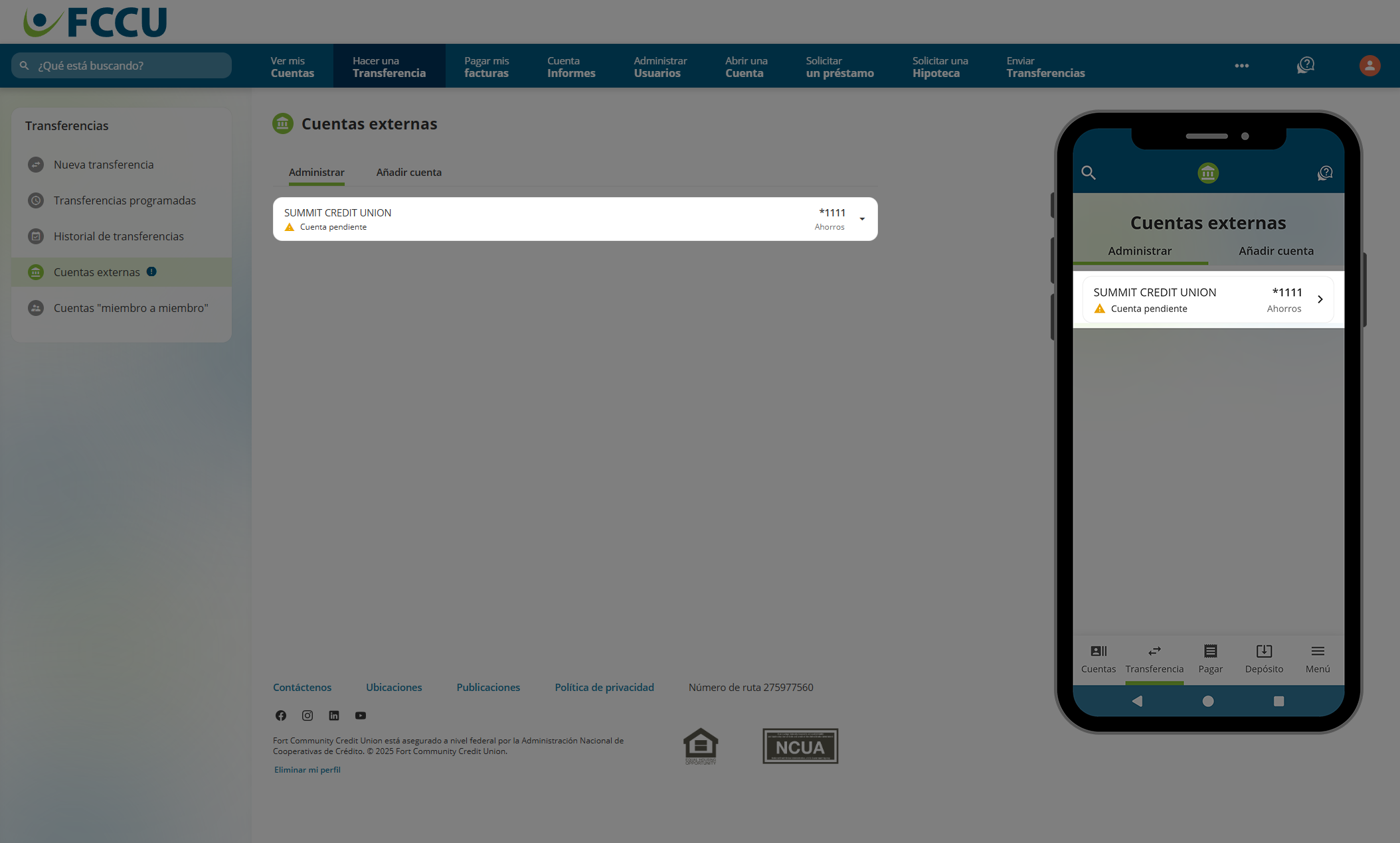 Captura de pantalla de la página 'Cuentas externas' de la banca digital.