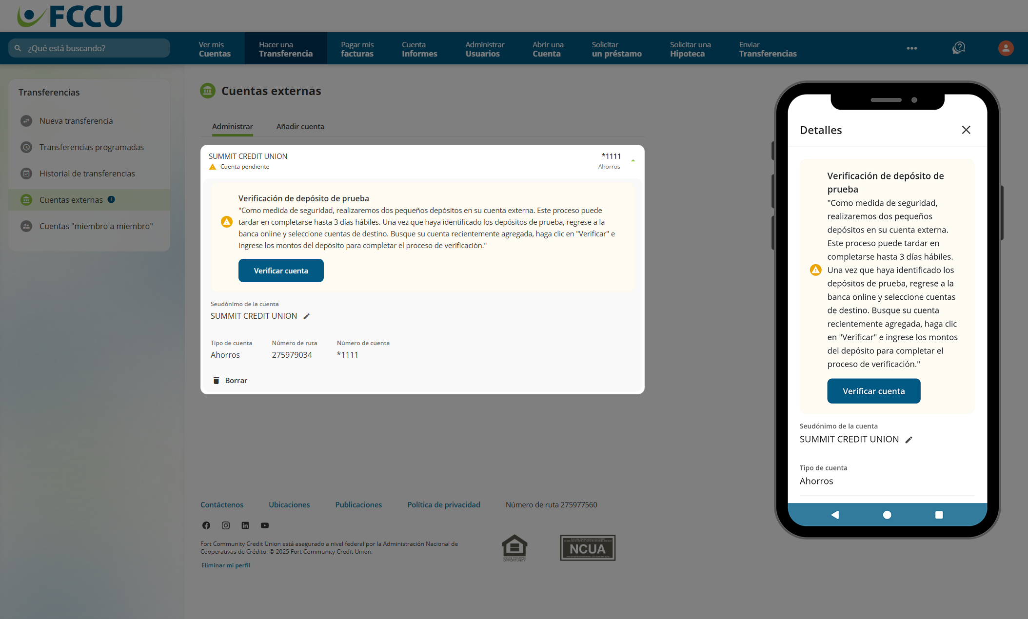 Captura de pantalla de la página 'Cuentas externas' de la banca digital.