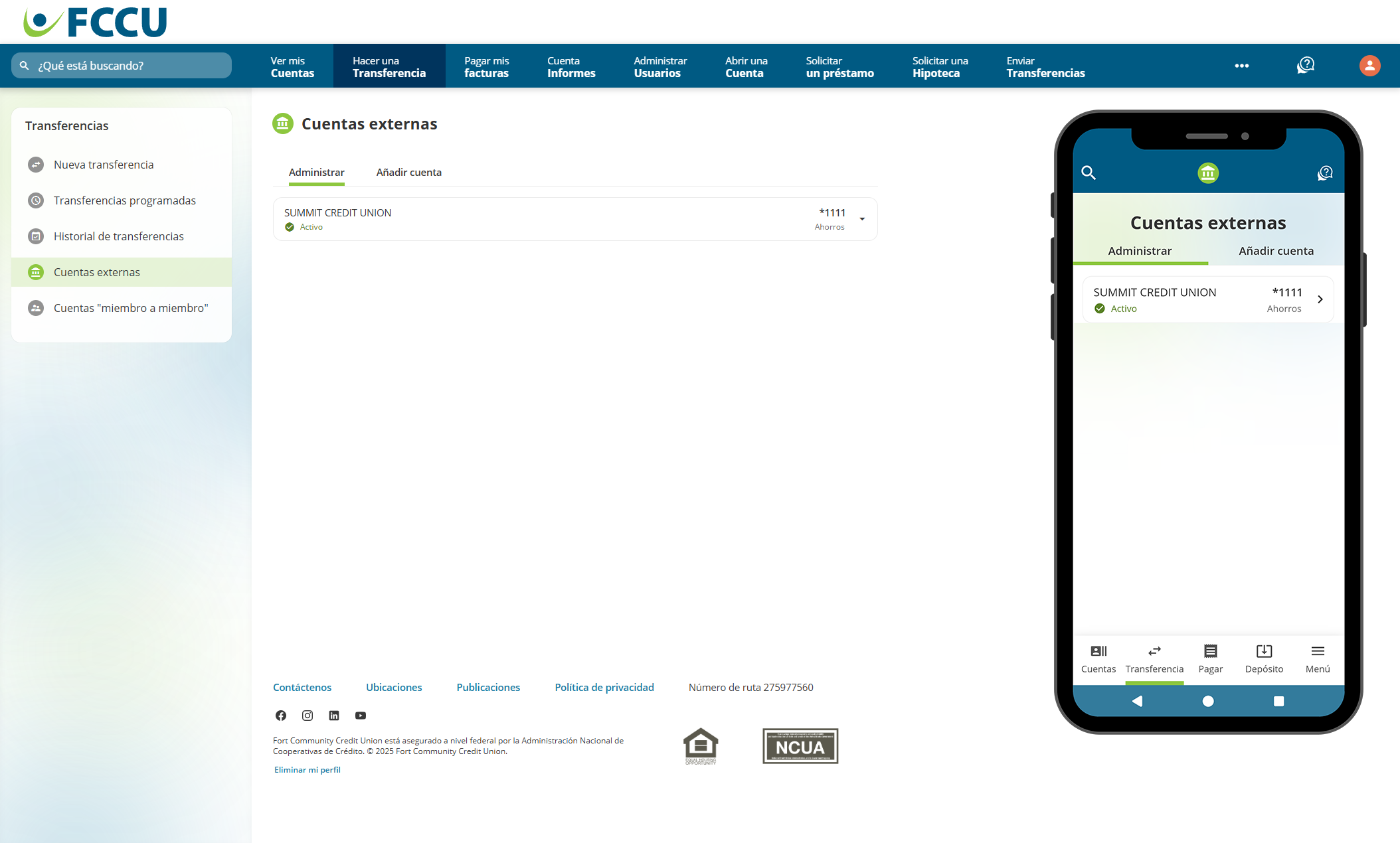 Captura de pantalla de la página 'Cuentas externas' de la banca digital.