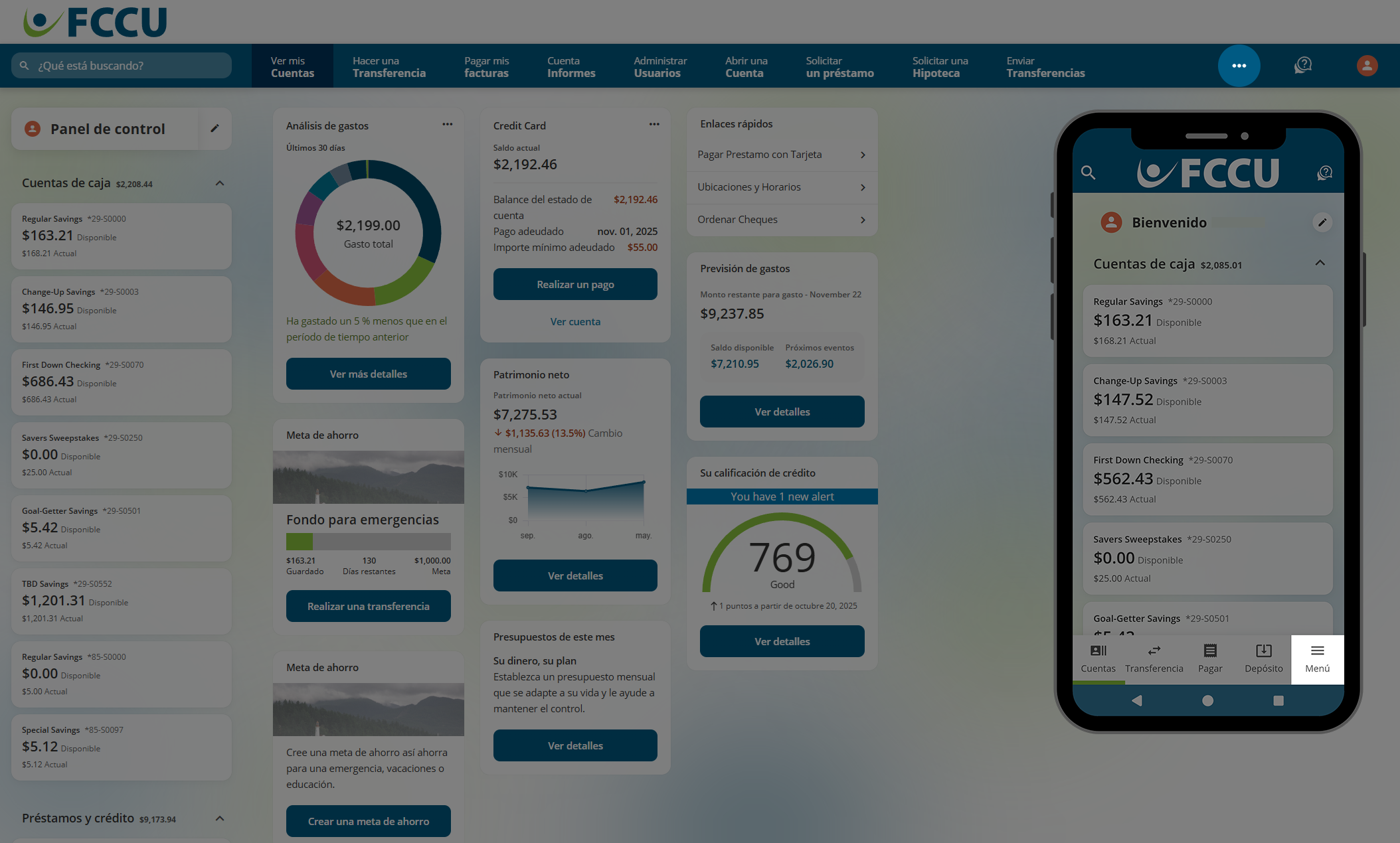 Captura de pantalla del panel de control de la cuenta bancaria digital.