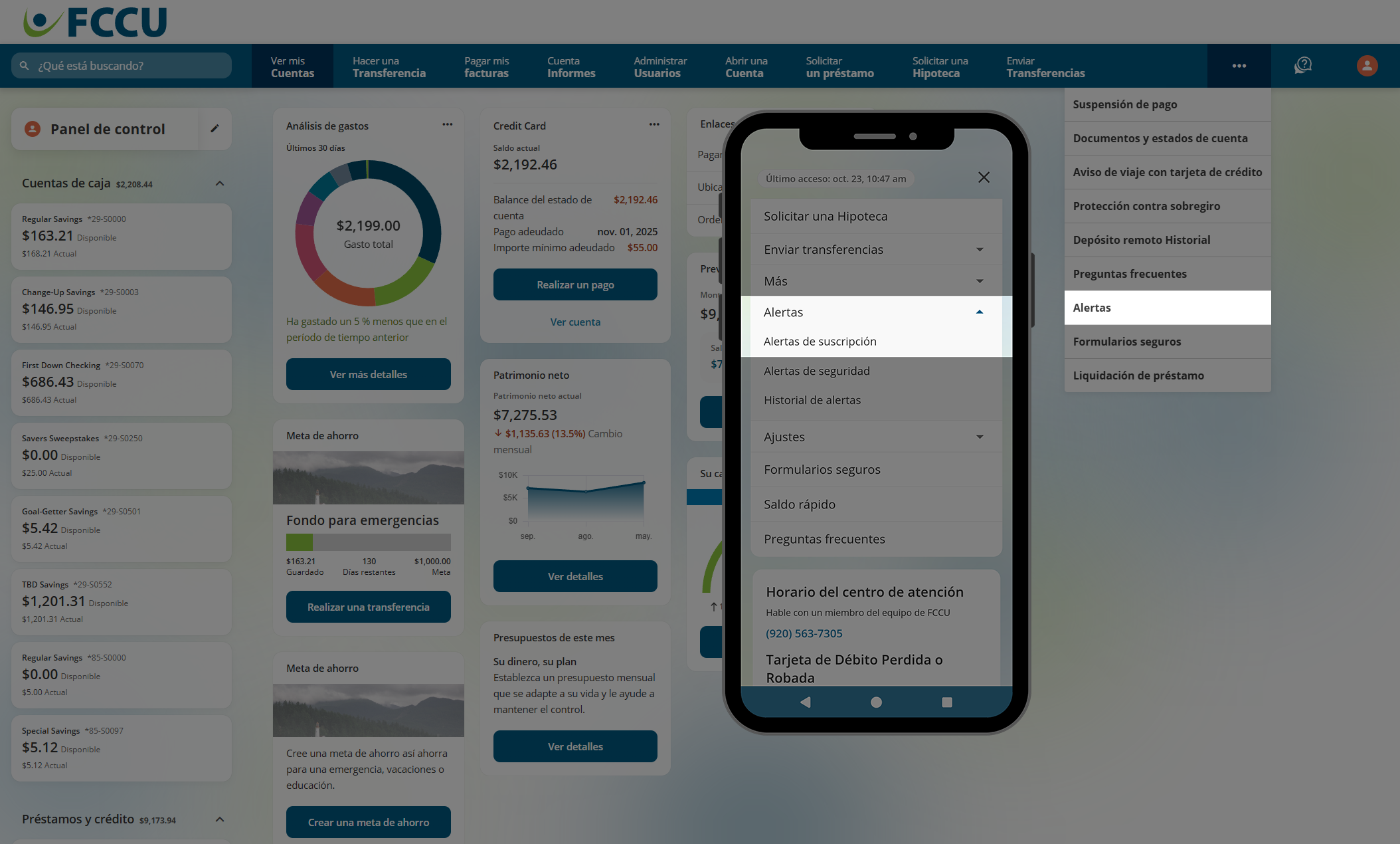 Captura de pantalla del panel de control de la cuenta bancaria digital.