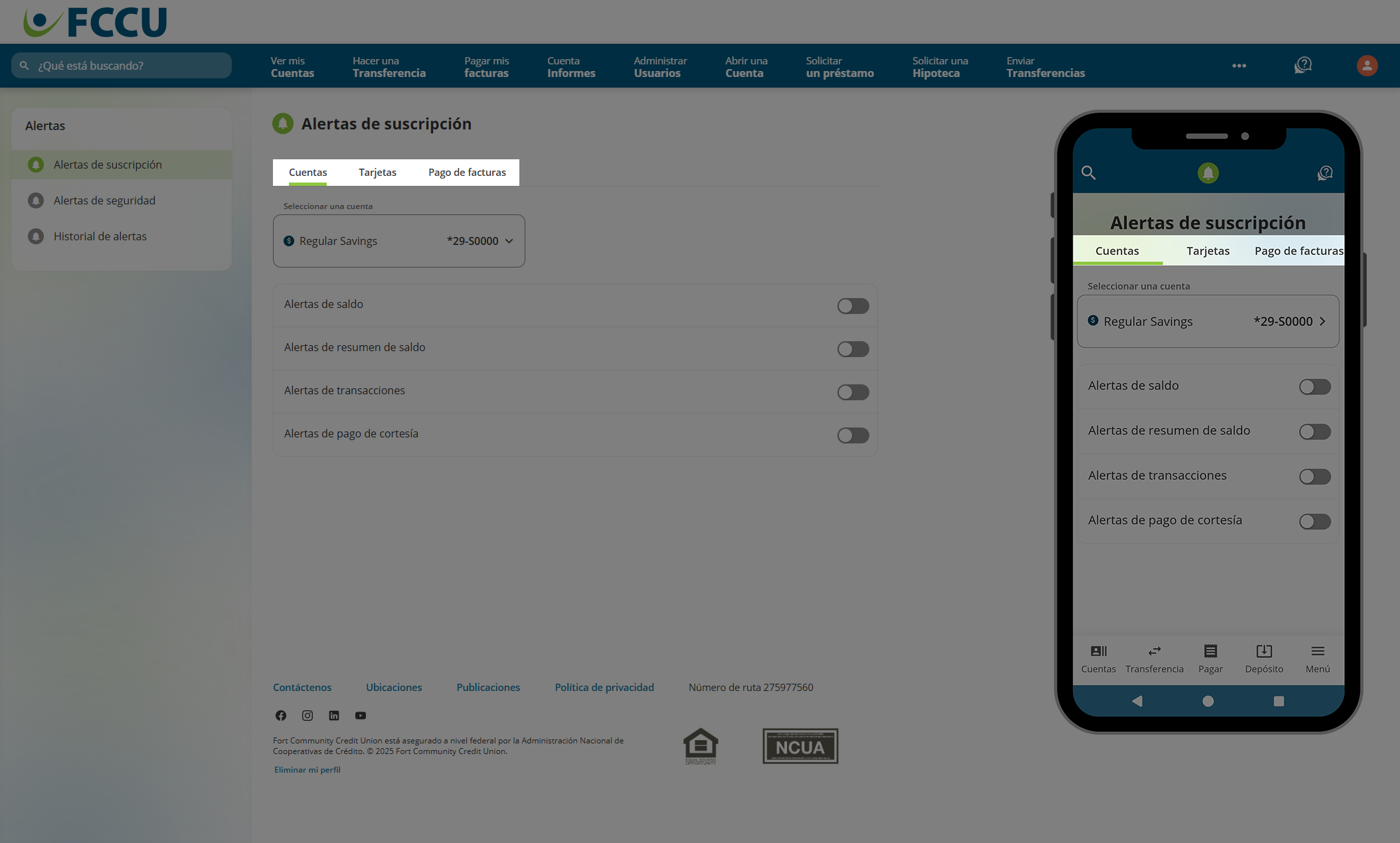 Captura de pantalla de la página 'Alertas de suscripción' de banca digital.