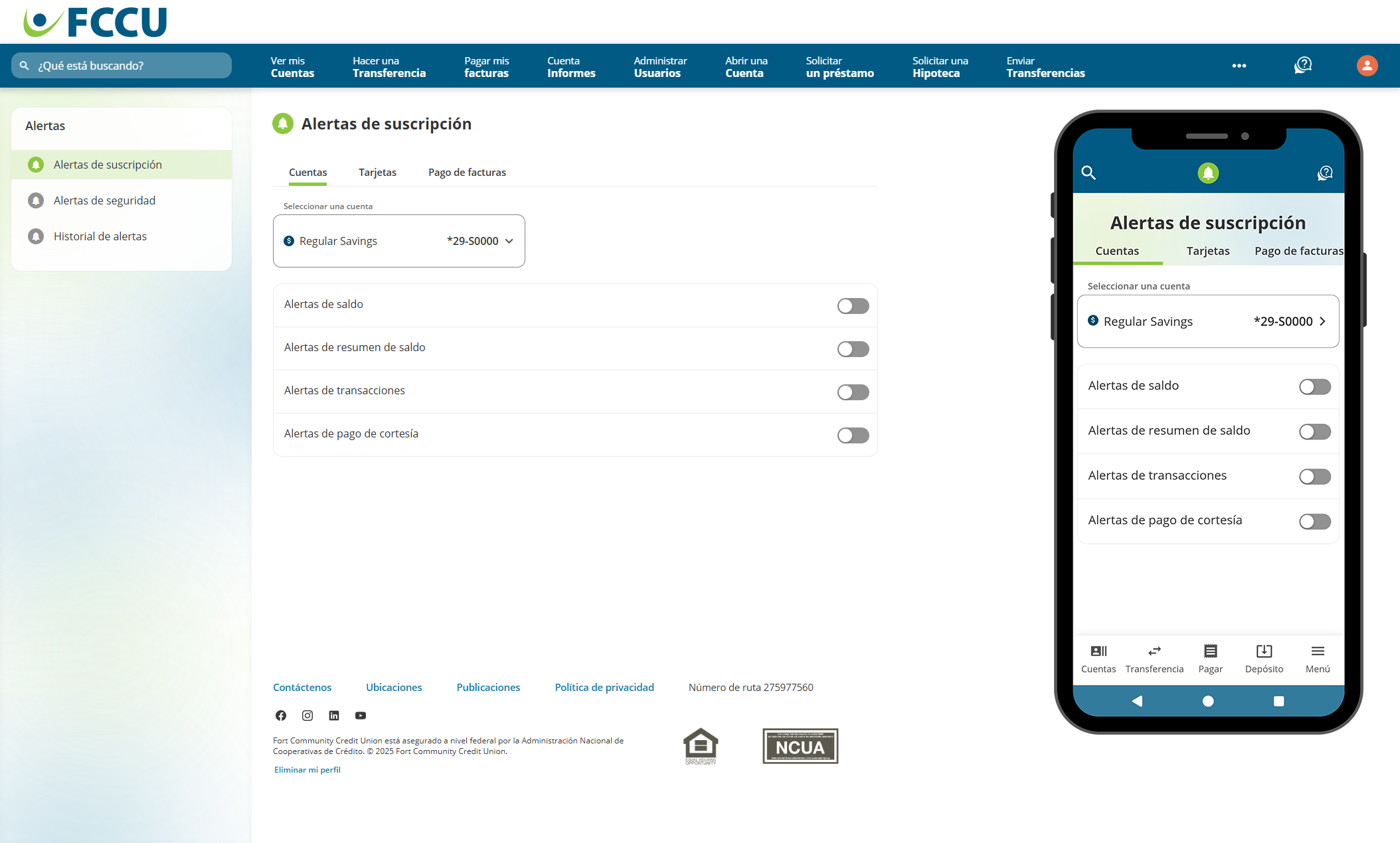 Captura de pantalla de la página 'Alertas de suscripción' de banca digital.
