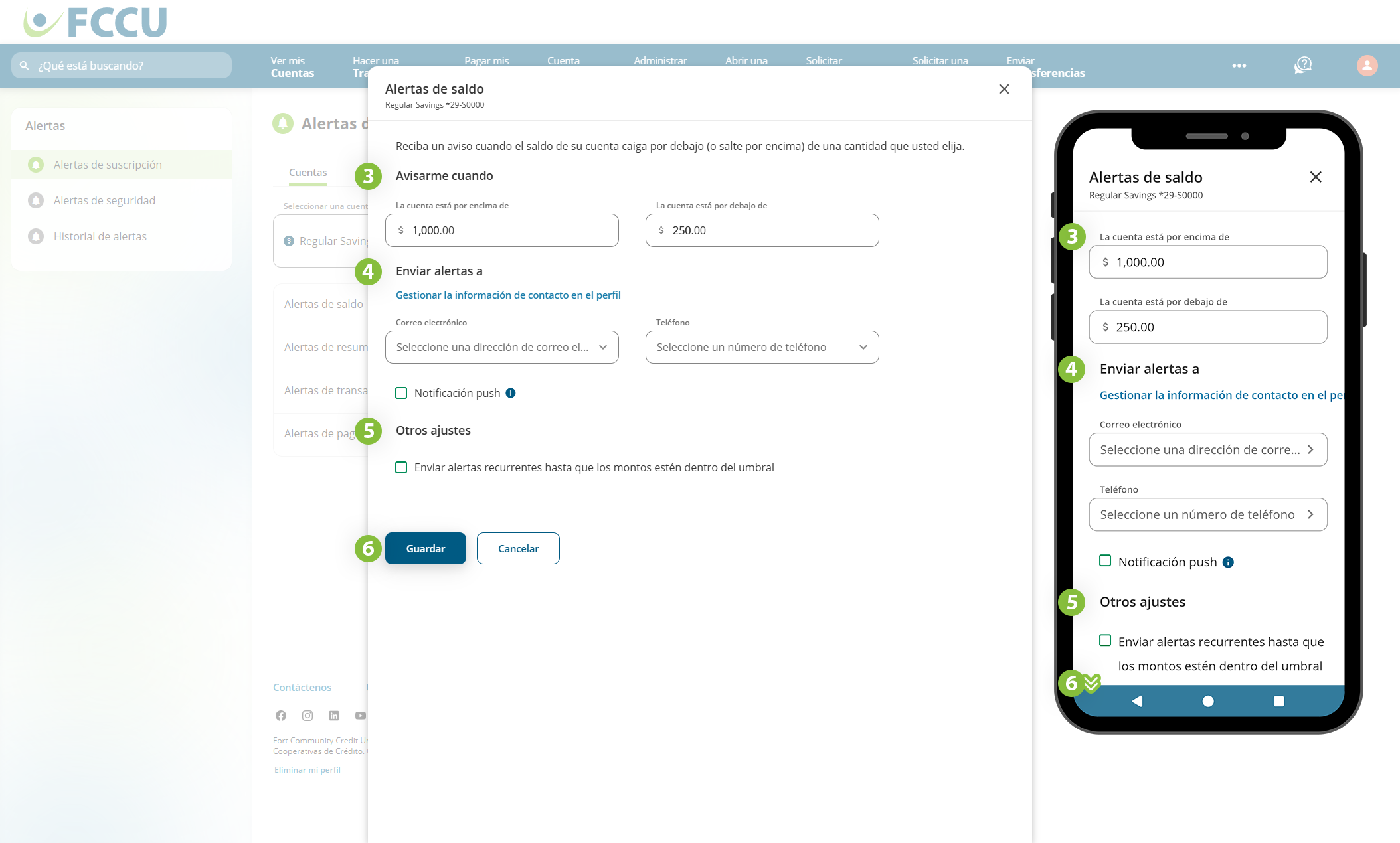 Captura de pantalla de la página de 'Alertas de saldo' de la banca digital.