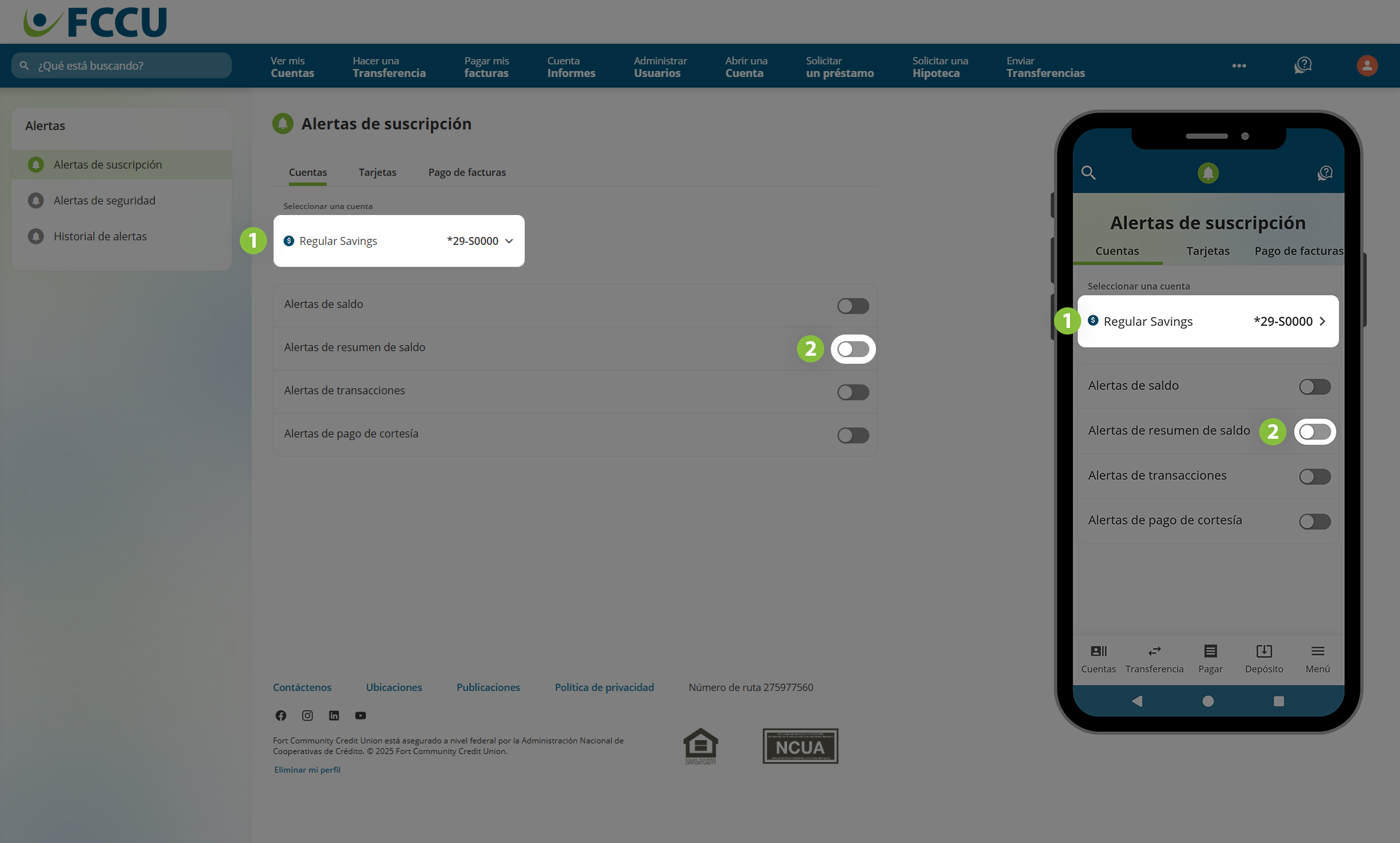 Captura de pantalla de la página 'Alertas de suscripción' de banca digital.