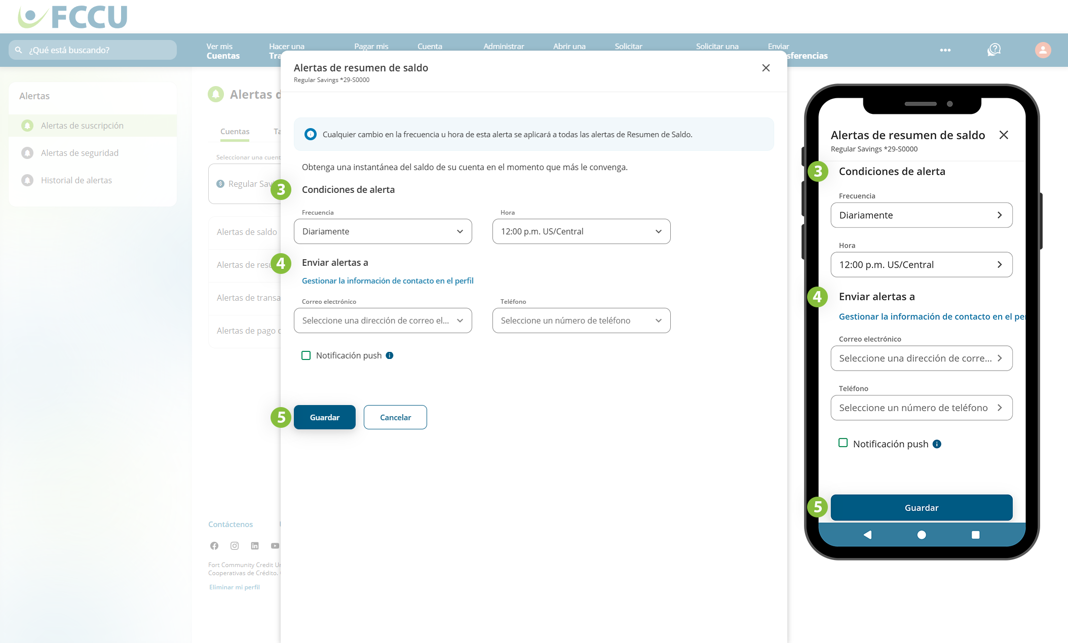 Captura de pantalla de la página de 'Alertas de resumen de saldo' de la banca digital.