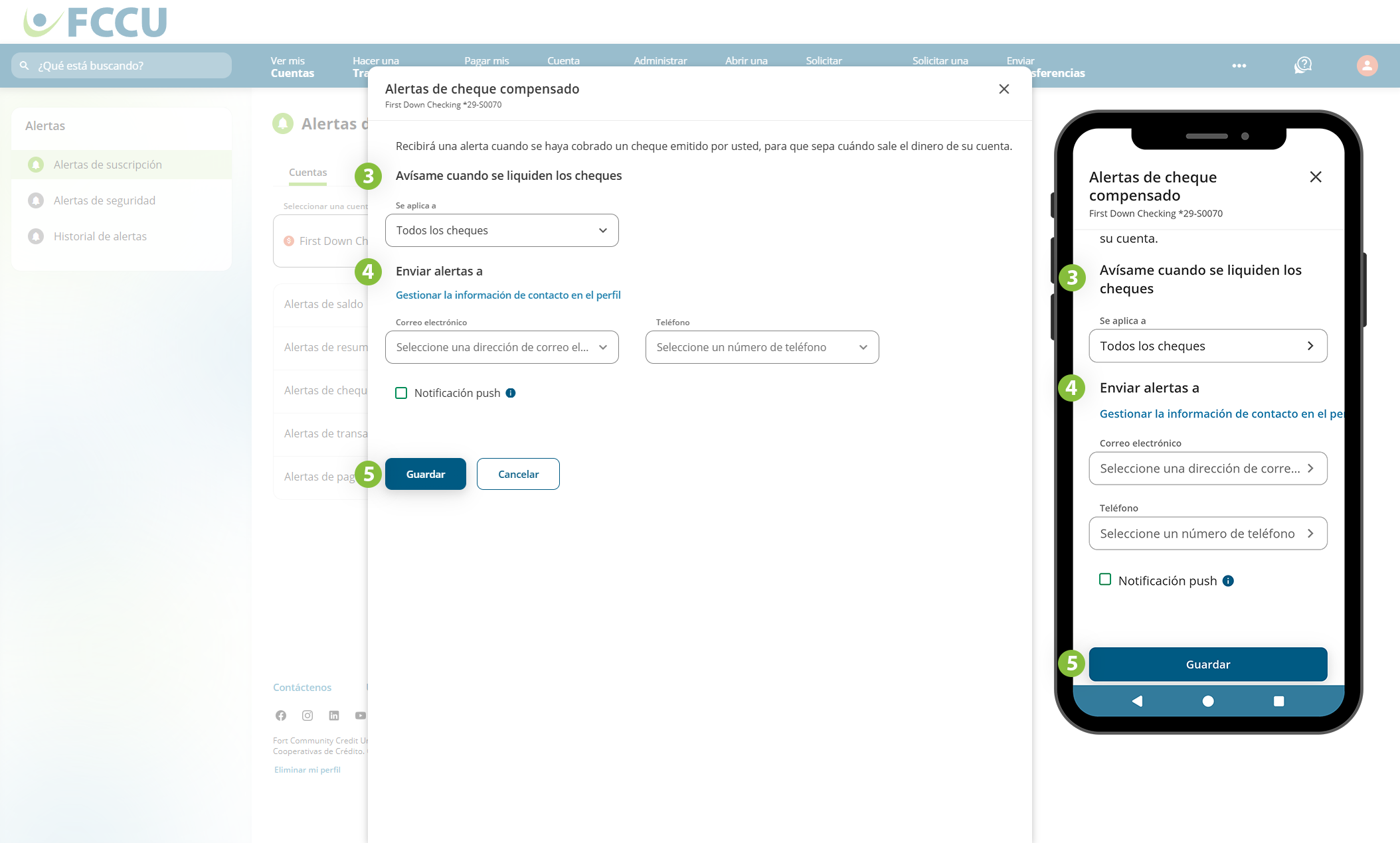 Captura de pantalla de la página 'Alertas de cheque compensado' de banca digital.