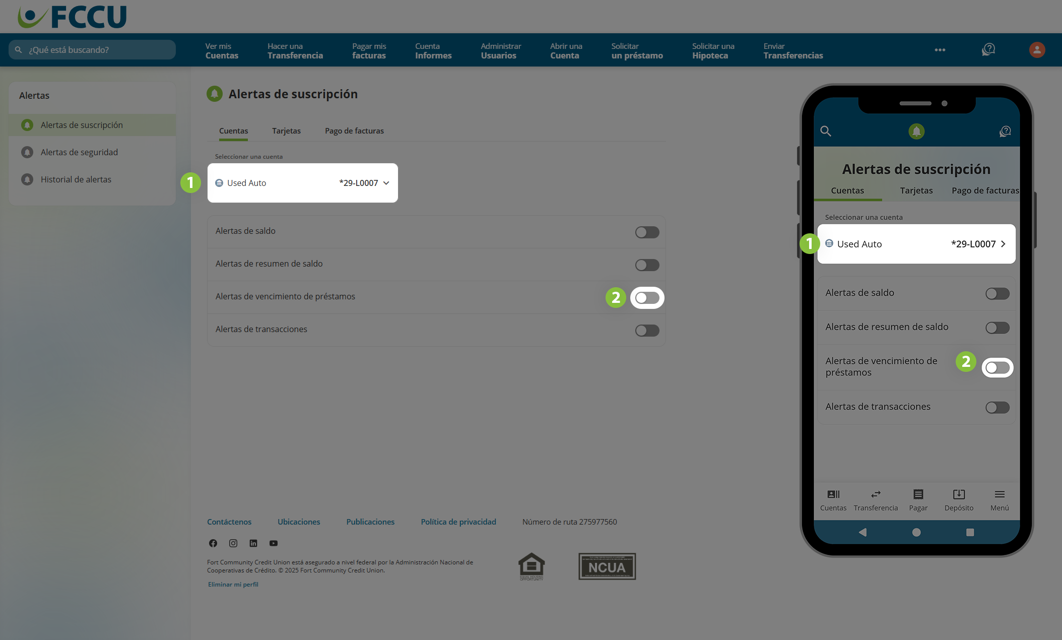 Captura de pantalla de la página 'Alertas de suscripción' de banca digital.