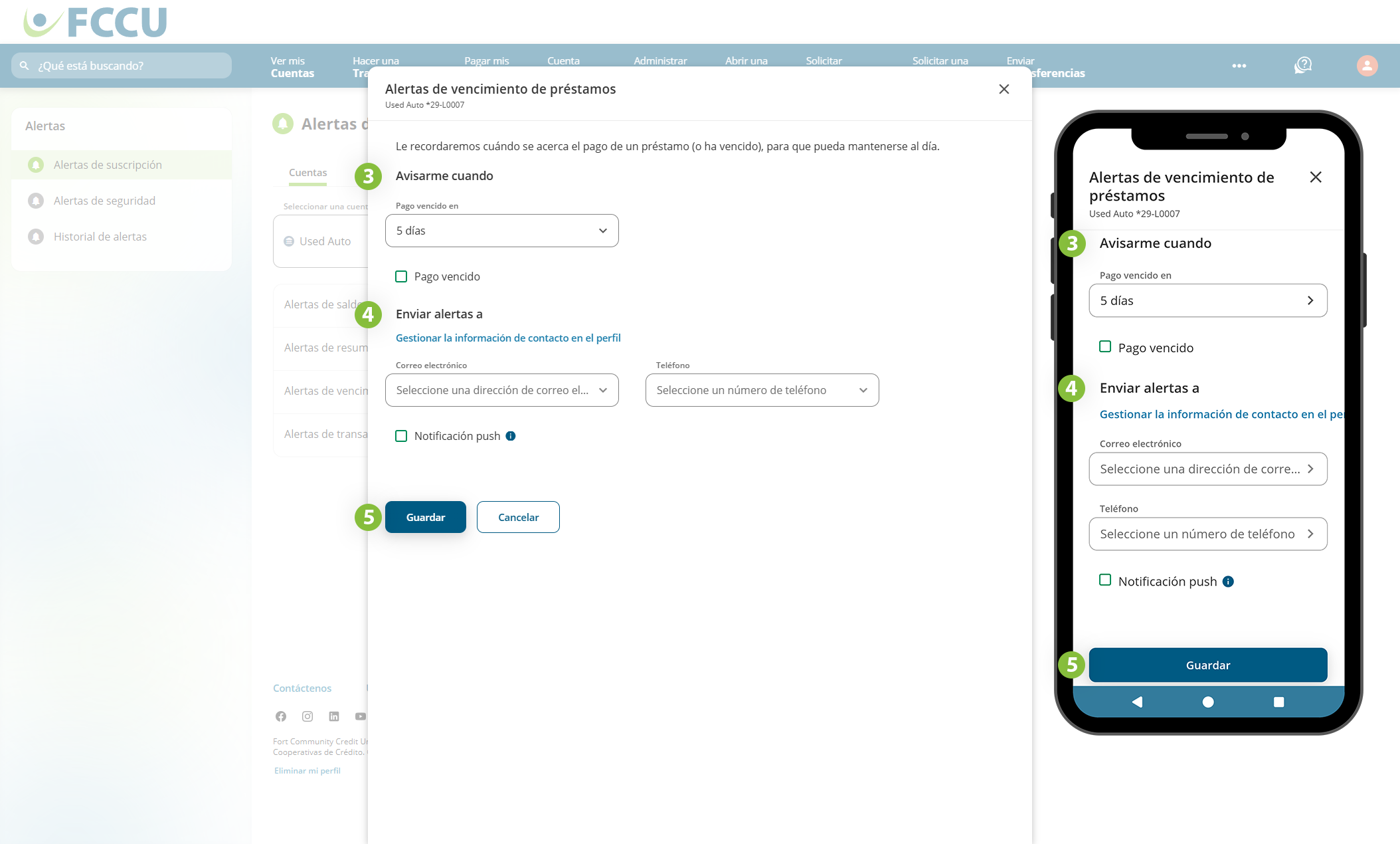 Captura de pantalla de la página 'Alertas de vencimiento de préstamos' de banca digital.