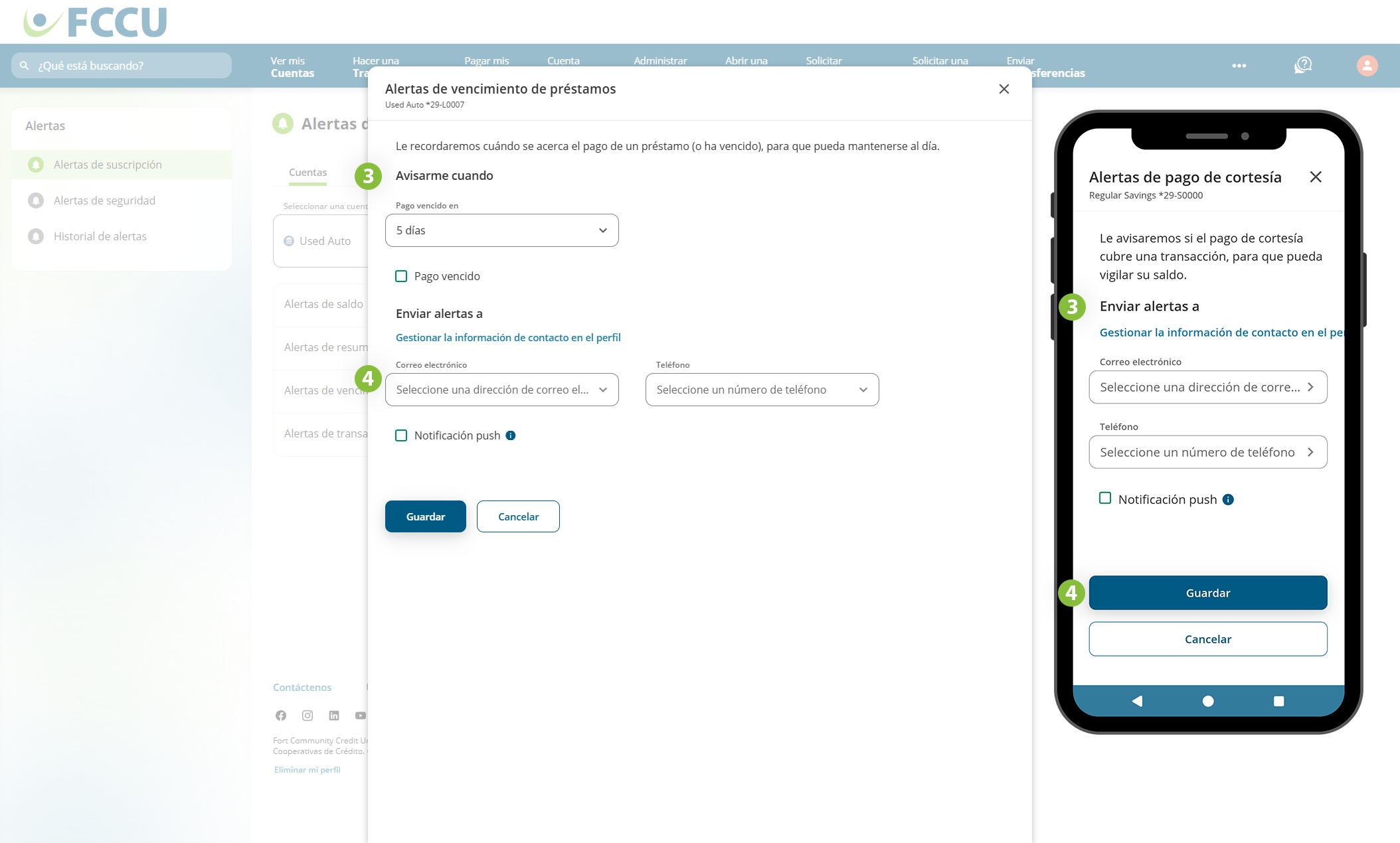 Captura de pantalla de la página de 'Alertas de pago de cortesía' de la banca digital.