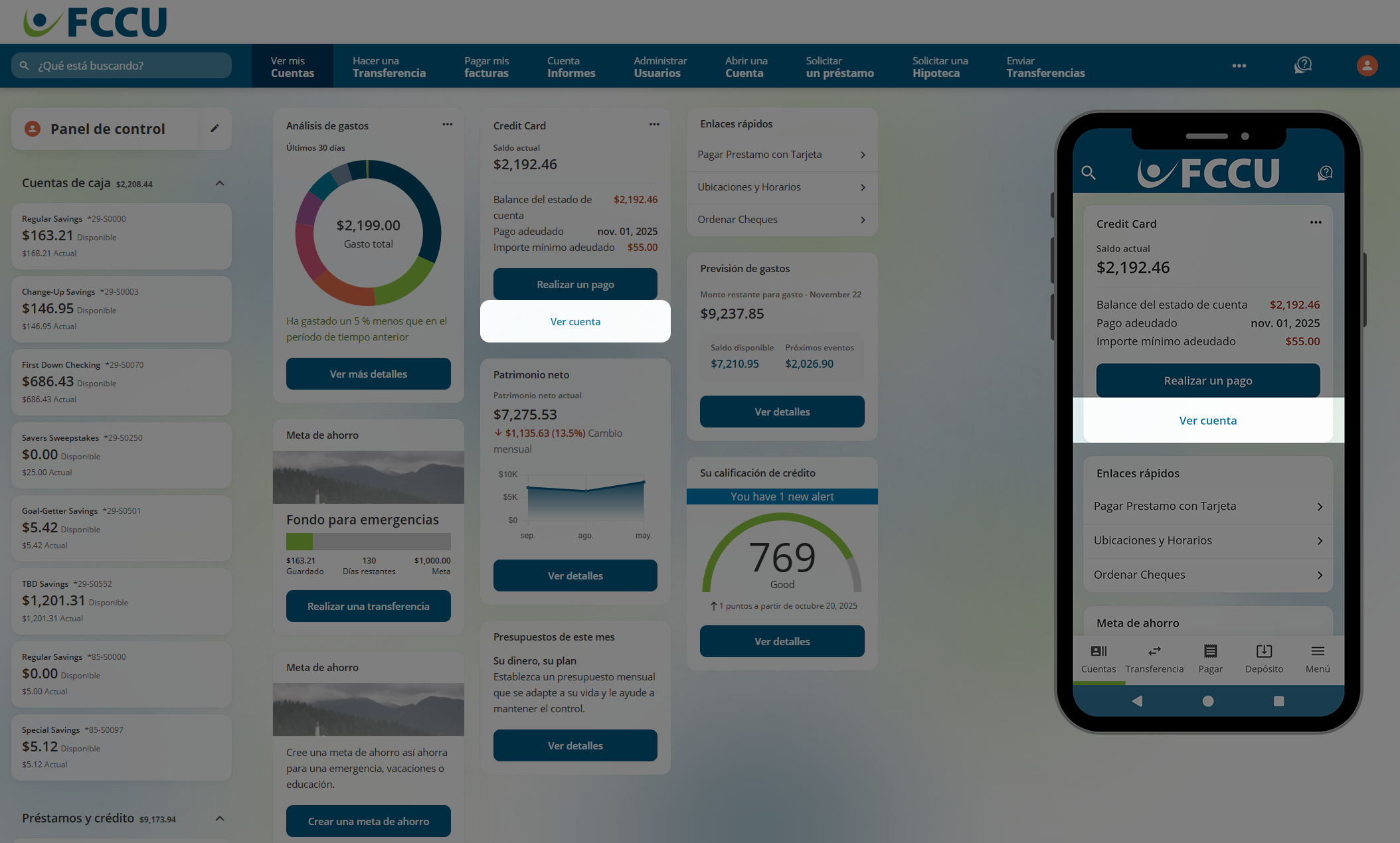 Captura de pantalla del panel de control de la cuenta bancaria digital.